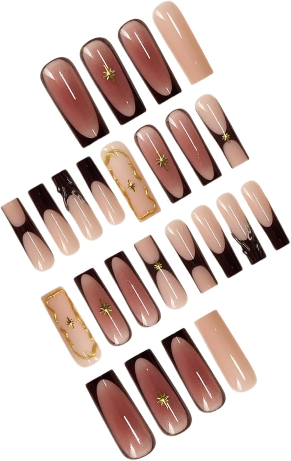 SEENEEY Brown Square Long Fake Nails French Style Extra Long with Gold Charm Designs Acrylic Nails Xl 24PCS