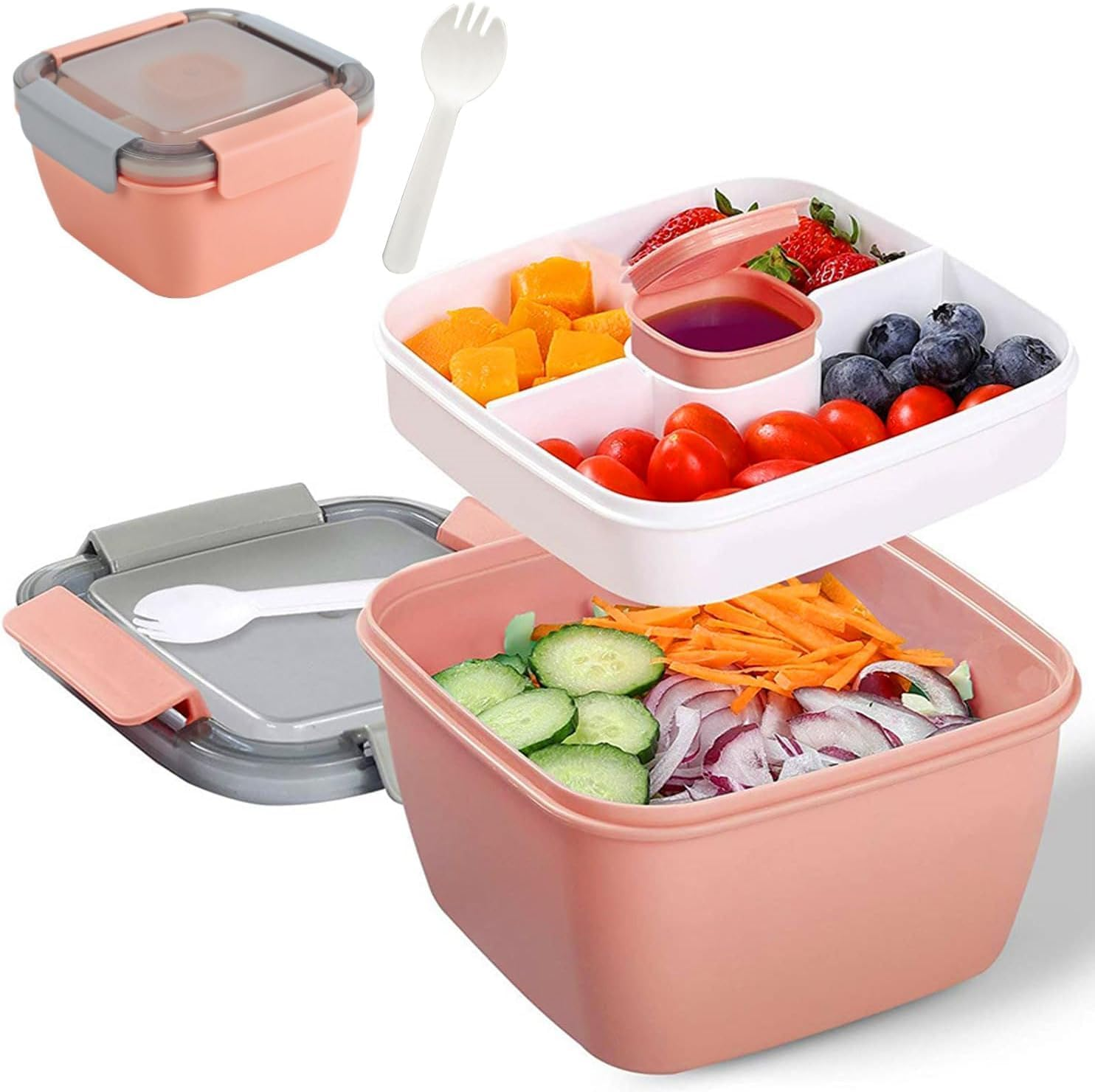 WADY Salad Bowls, Salad Lunch Container, Salad Bowls to Go for Lunch, Bento Style Food Storage with 3 Compartments for Salad, Sandwich, Snacks, Toppings & Dressing, Leak-Proof and BPA Free (Pink) image number 5