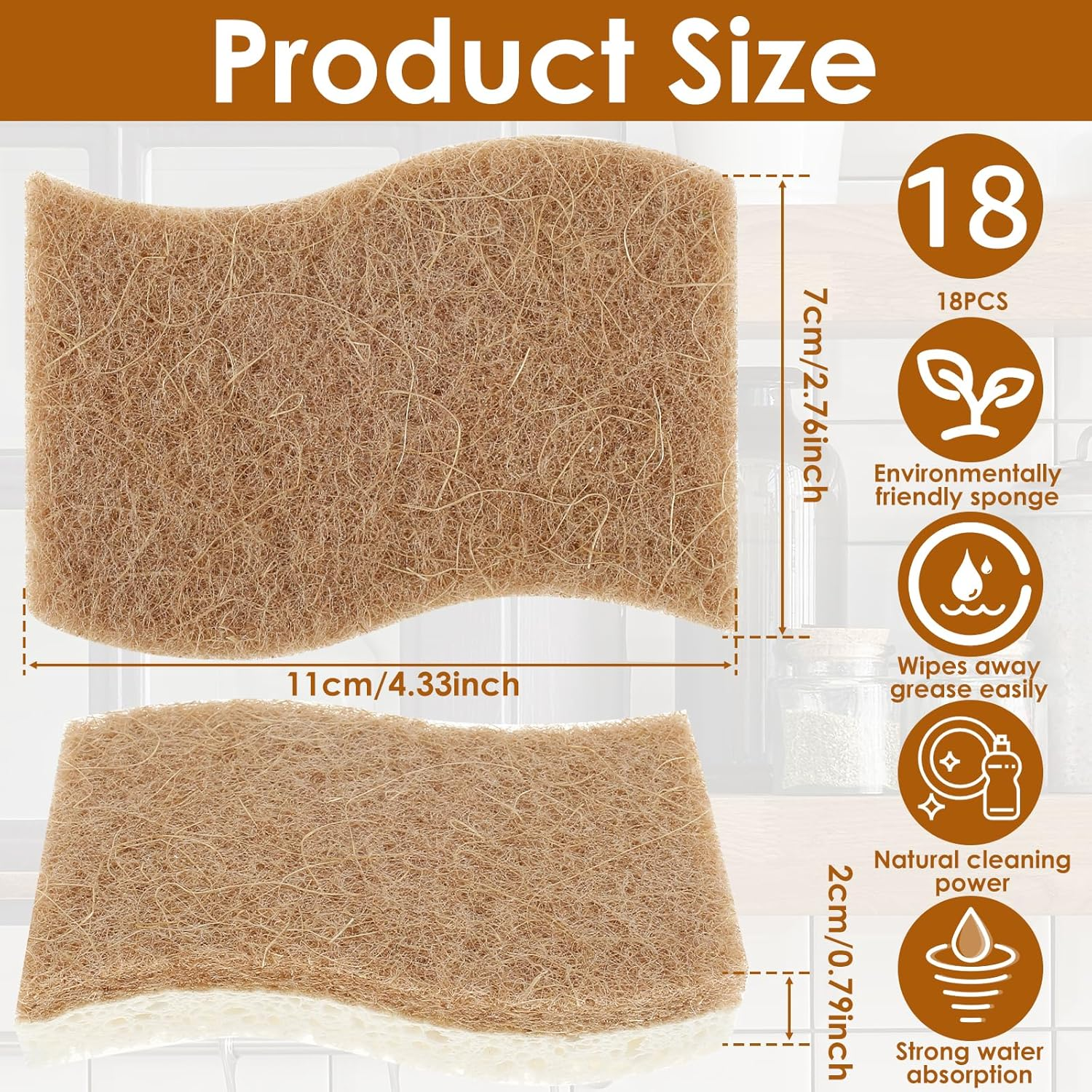 18 Pack Natural Kitchen Sponges Eco-Friendly Dish Sponge for Kitchen Odor Free Wood Pulp Sponge Strong Absorbent Quick-Drying Scrubber Sponges for Washing and Cleaning Dishes(S Shape) image number 4