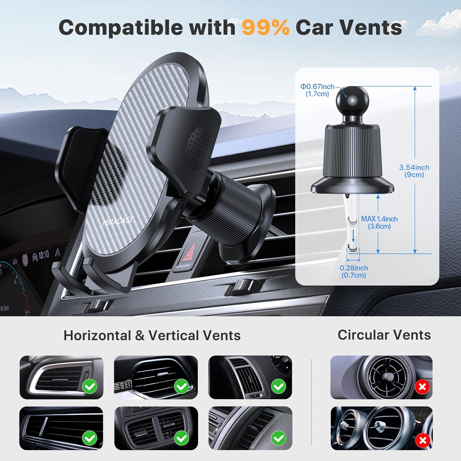 Miracase 2025 Car Phone Holder, Stable Double Steel-Hook Air Vent Car Phone Mount Cradle 360&deg;Rotation, One Button Release Mobile Phone Holder for Iphone, Galaxy, All 4.0''-7'' Smartphones image number 6