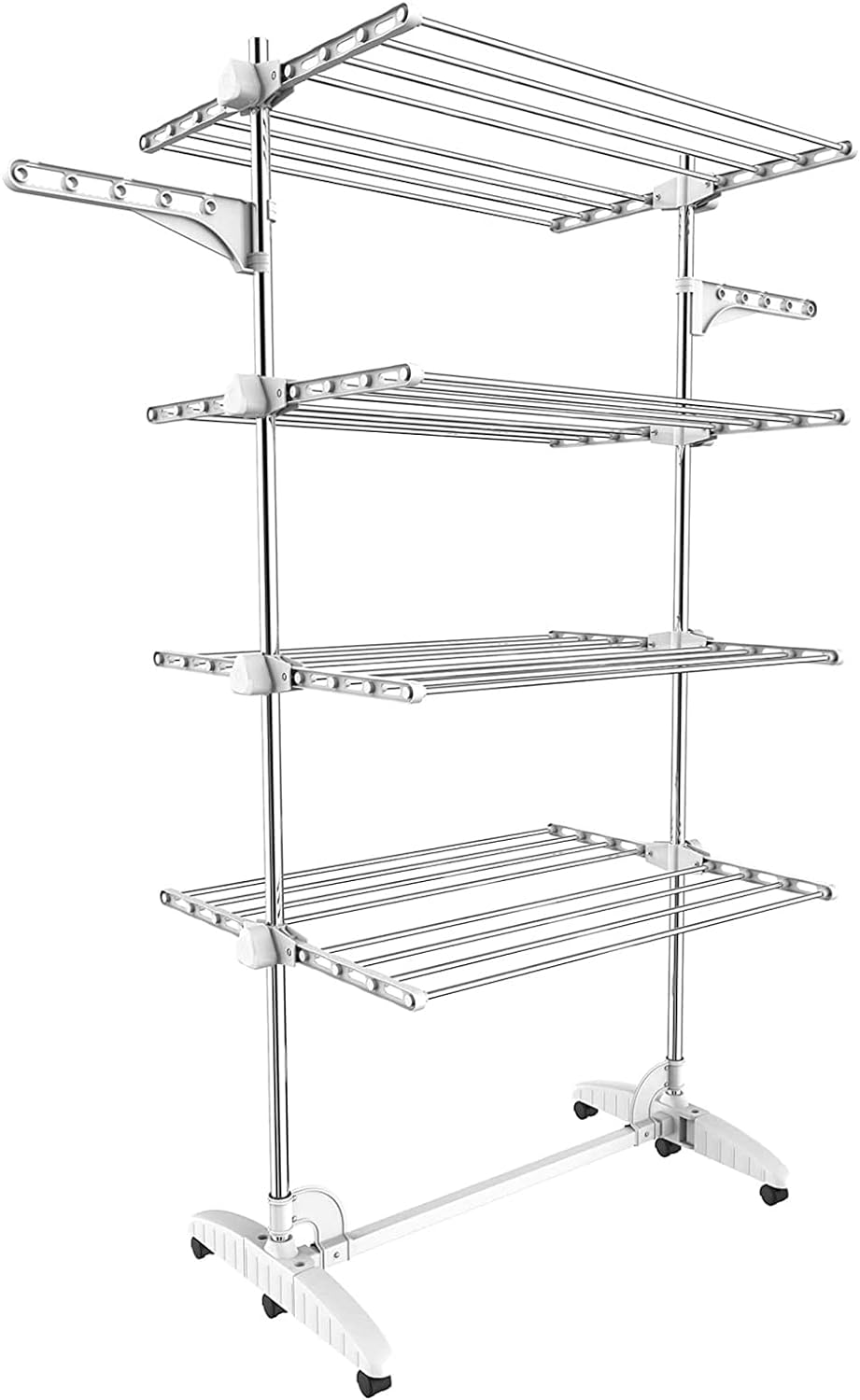 Todeco - Laundry Drying Rack, Clothes Airer - Material: Stainless Steel Tubes - Maximum Load: 6.7 Lbs per Support Bar - 4 Shelves, White, with Wings image number 4