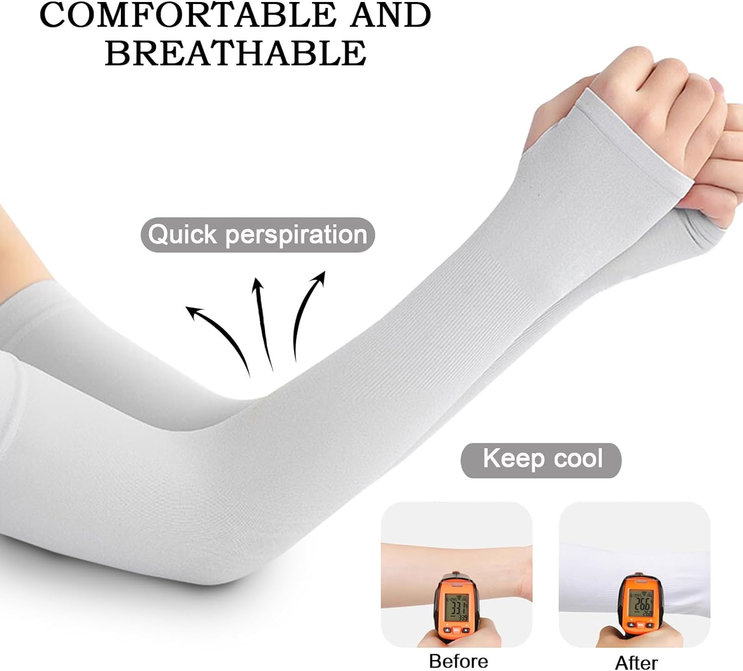 Medsuo 3 Pairs Comfy Arm Sleeves with Thumb Hole Protection Cooling Arm Sleeves 3 Colors Compression Long Women Men Summer Sun Arm Cover Sleeves Tattoo Cover for Sports Workouts Cycling Driving, Grey image number 6