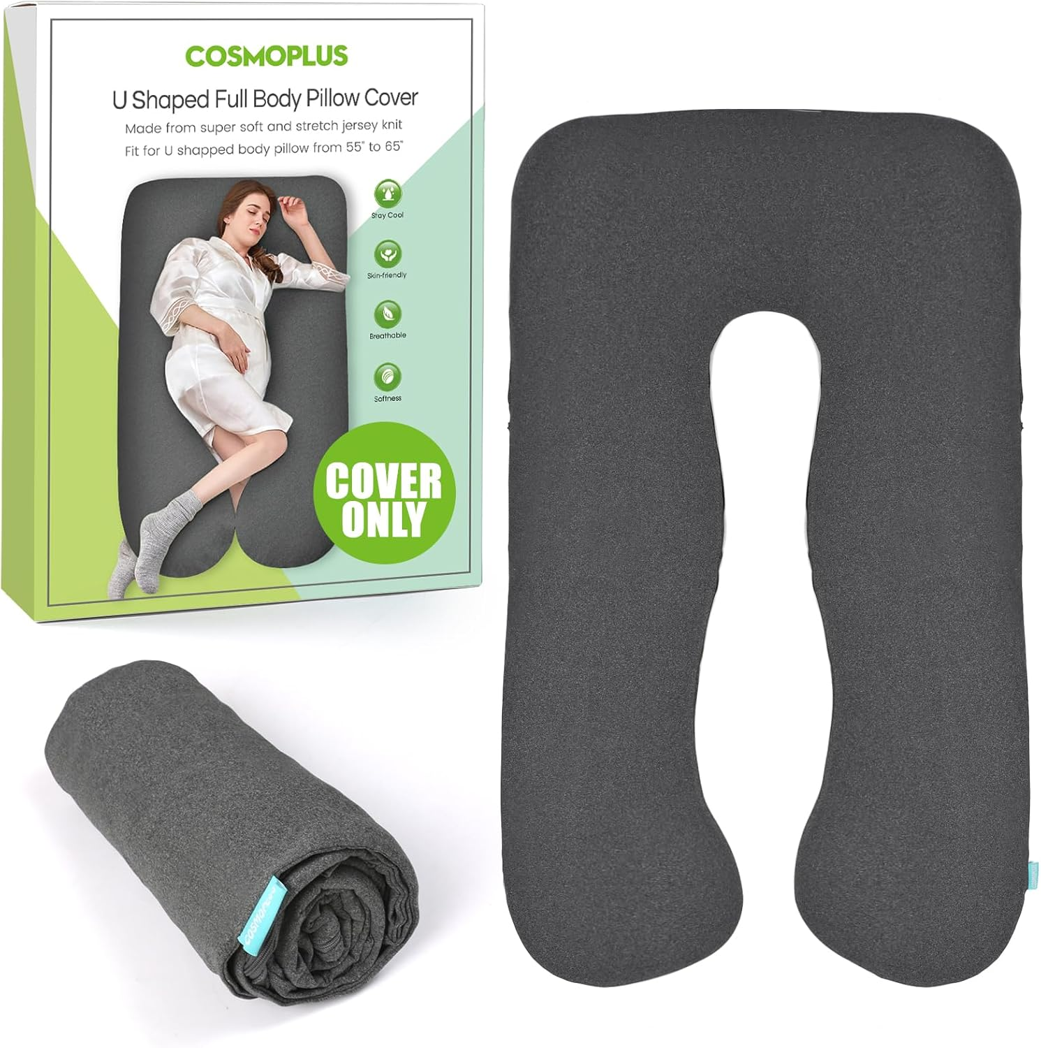 COSMOPLUS    U Shaped Full Body Pillow Case  for Maternity,Stretchy Cool Breathable Jersey Fabric, Provides Sleep and Pregnancy Support,Heather Grey