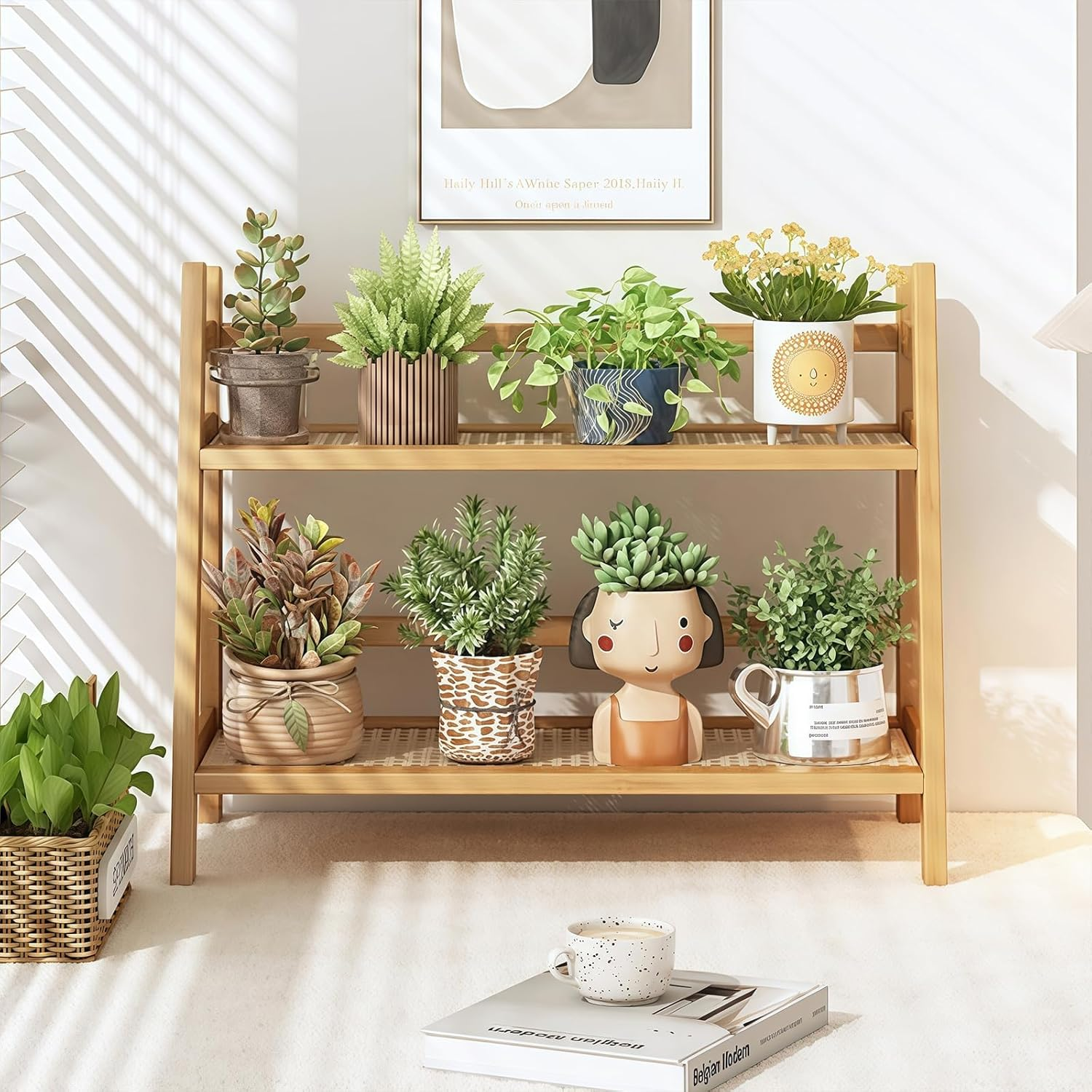 Wicker Look Coffee Station Organizer, Bamboo Mug Holder Countertop, Kitchen Counter Shelf for Tea Coffee Bar Accessories, Matcha Stand, Cup Display, Condiment Storage Rack, 2 Tier - Wooden Color image number 3