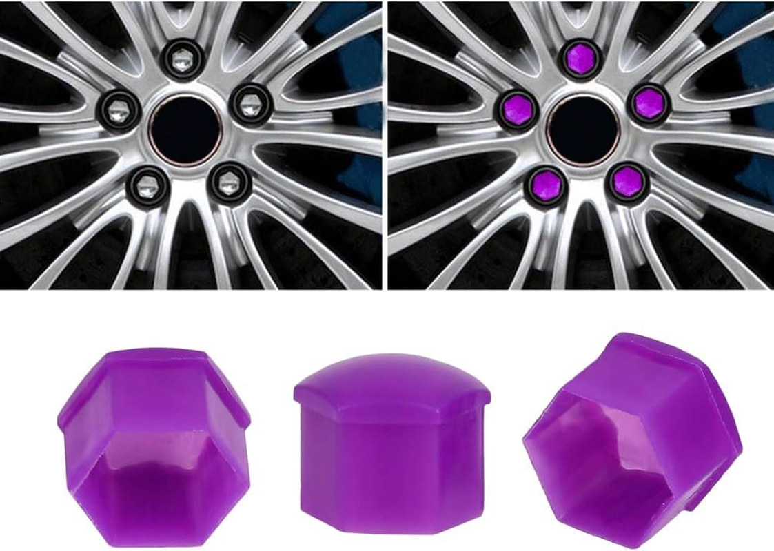 Qitindasen Pack of 20 17 Mm Car Wheel Nut Covers, Universal Tyre Nut Caps, Hexagonal Car Hub Screw Cover with Removal Tool (Purple)