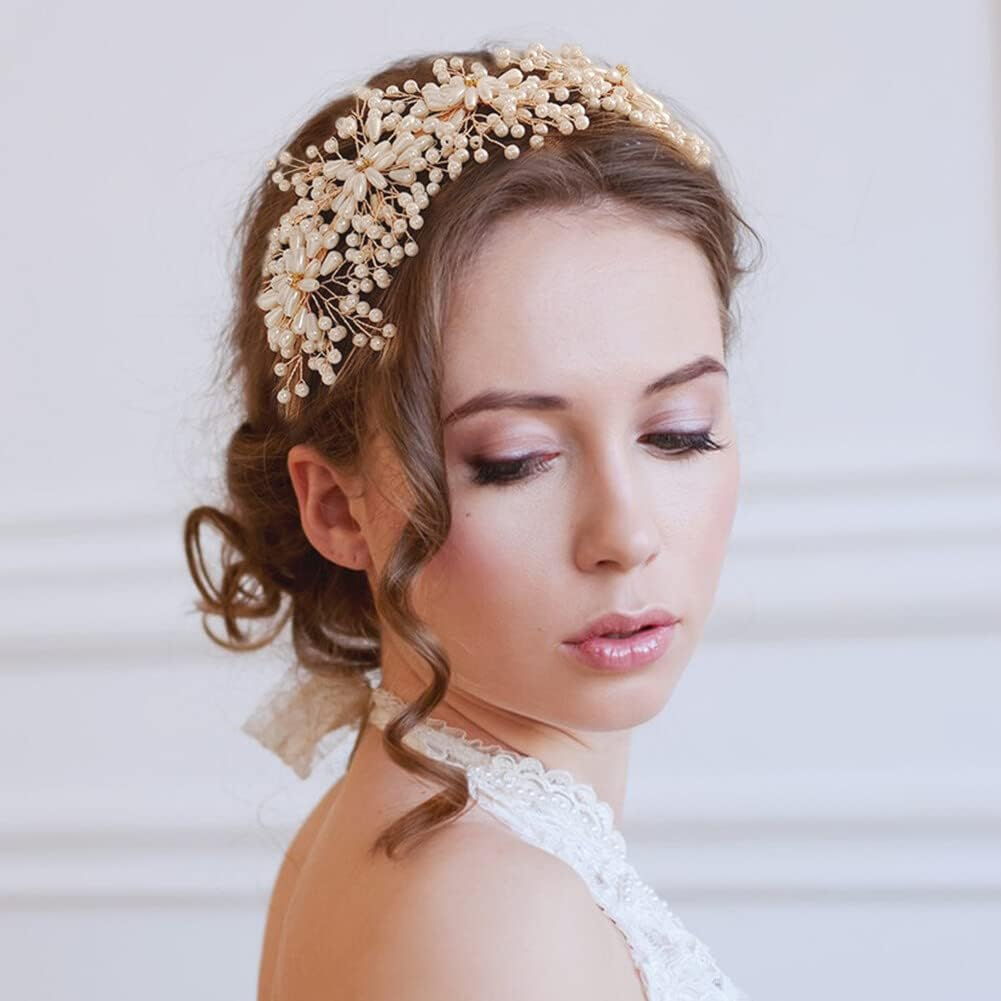 Bridal Headpiecees for Wedding Pearl Wedding Headband Rhinestone Hair Accessories for Brides Crown for Women Girls image number 6