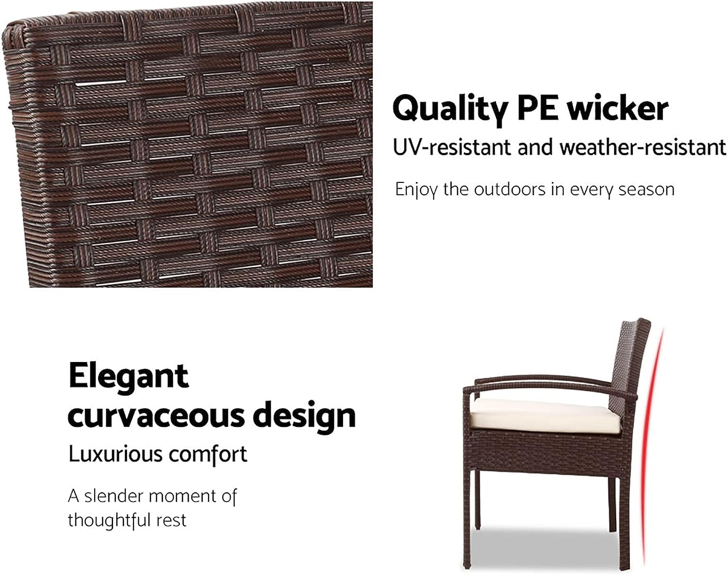 Gardeon 3Pcs Wicker Patio Furniture, Bistro Set Table and Chairs Outdoor Lounge Setting Conversation Sets Dining Chair Garden Backyard, Cushion with Rattan Coffee Table Glass Tabletop Black image number 2