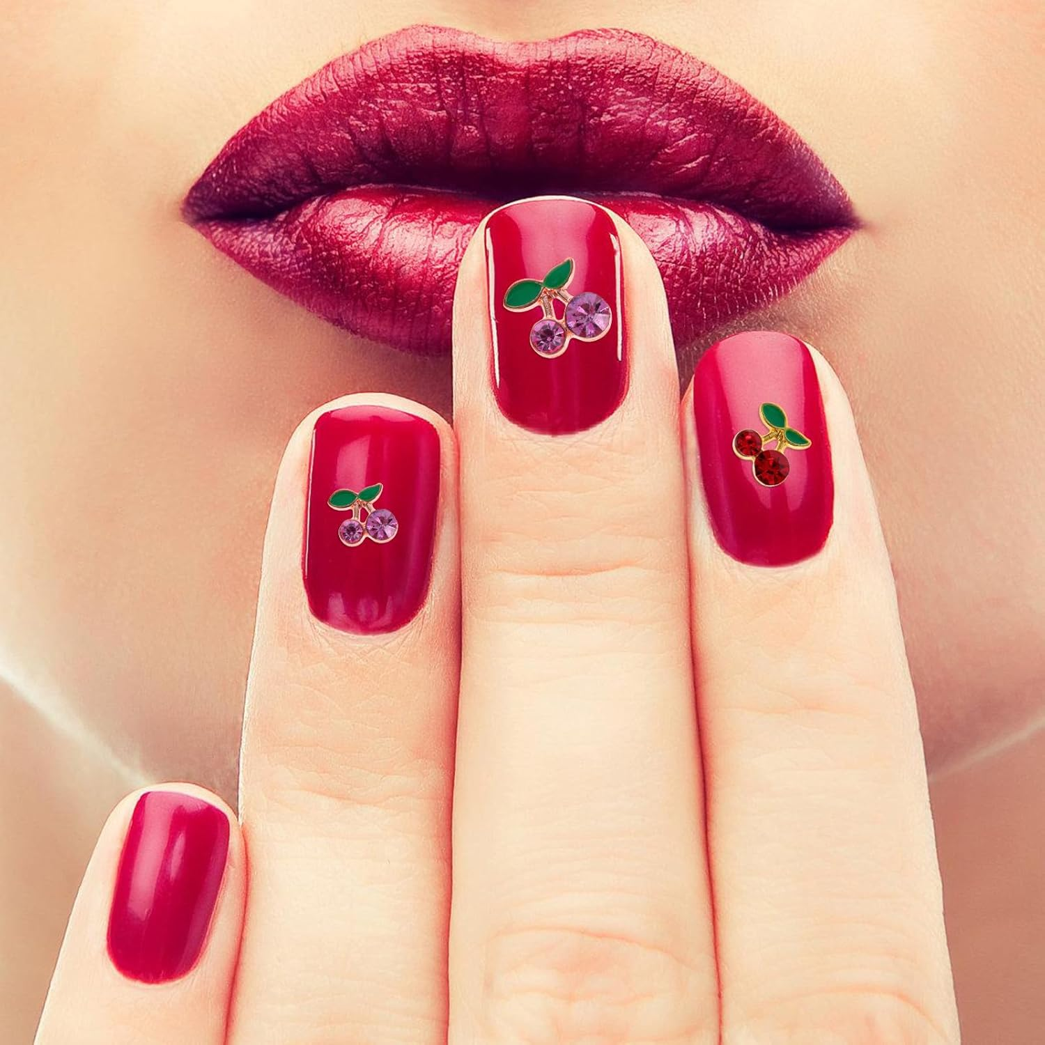 NULYLU 32Pcs Cherry Nail Art Charms for Women DIY Manicure Red and Rose Gold Rhinestone Nail Gems Cute Shiny Cherry Decorations for Natural image number 6