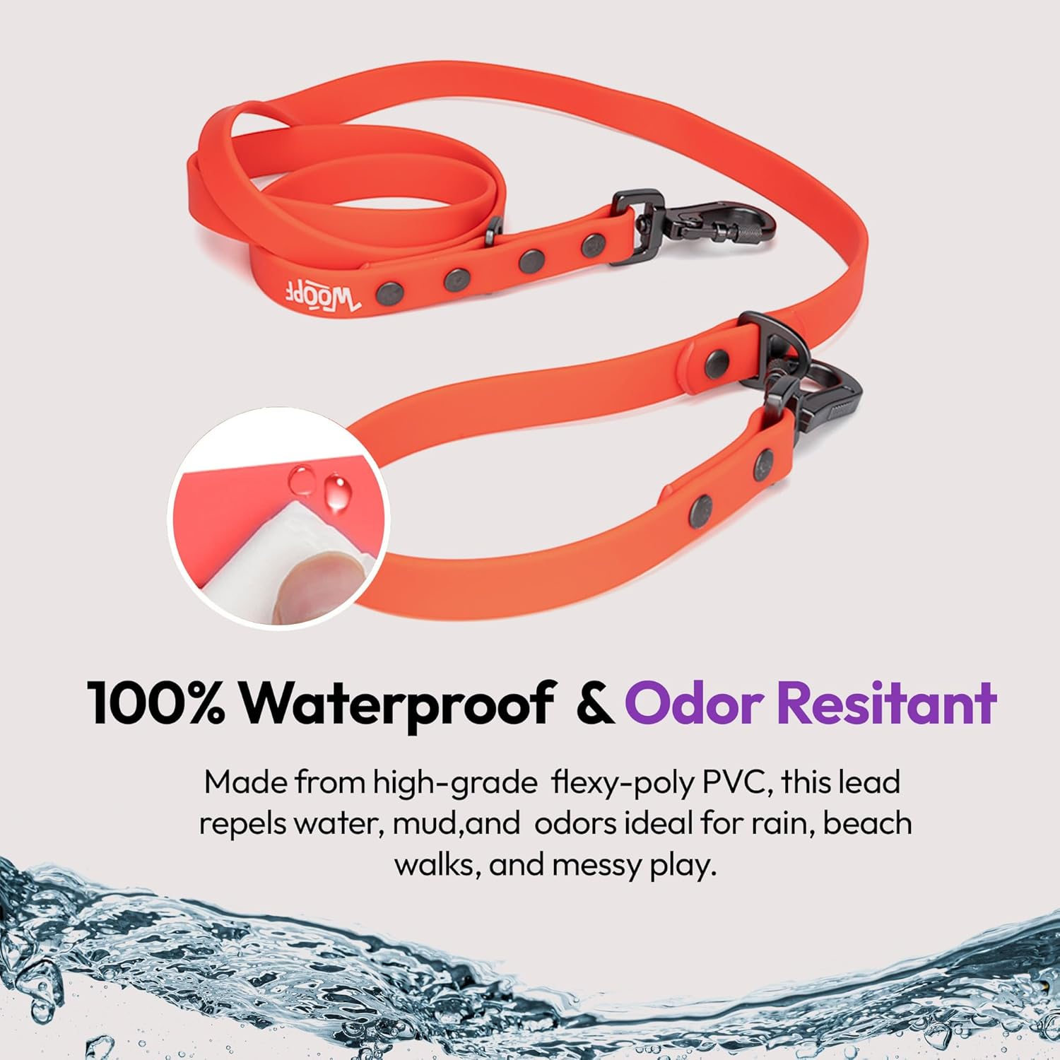 Waterproof Training Leads for Dogs & Puppies | Strong Dog Leash for Playing, Running & Walking | 6.5Ft Adjustable Long Dog Lead | Durable & Stain Resistant | Adjustable Size (Coral) image number 3