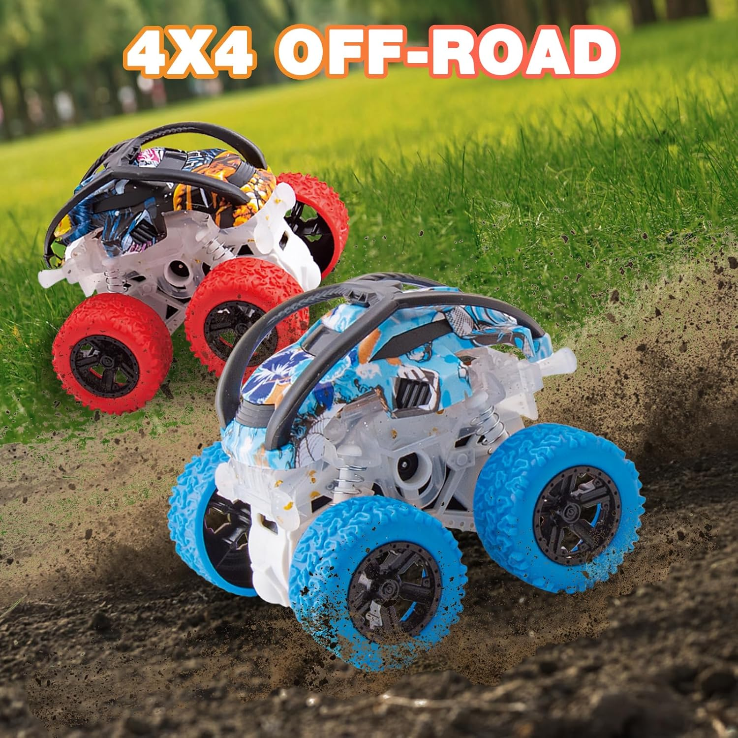Car Toys for 2 3 4 5 6 Year Old Boys,2 Pack Monster Truck Toy with Lights,4Wd Push and Go Inertia Cars,360&deg;Rotation Pull Back Vehicle,Cool Toys for Kids Age 2-6 Christmas Birthday Party Gift image number 3