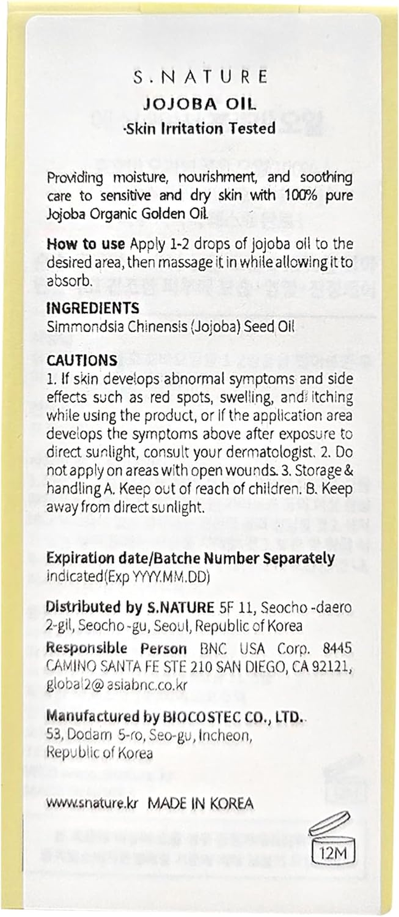 S.NATURE JOJOBA Oil｜Moisturizing, Nutrition, Soothing Care for Dry Skin｜1.01 Fl.Oz, 30Ml