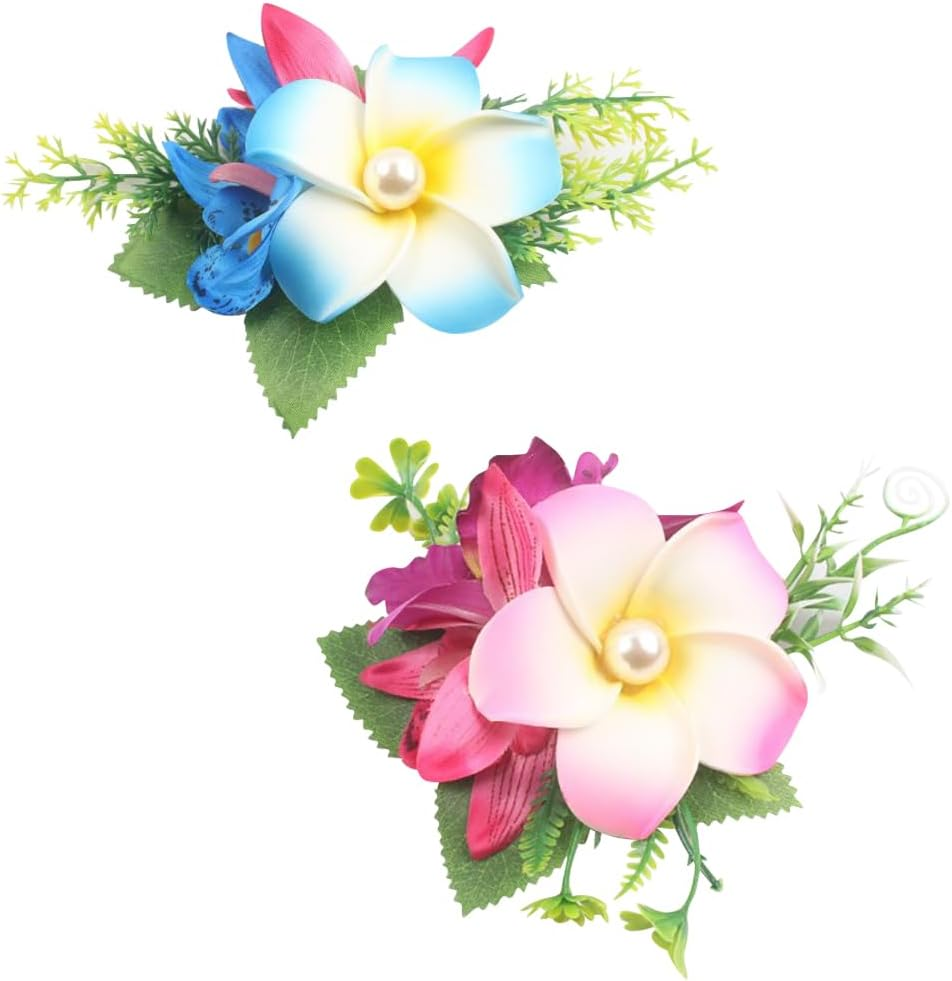 Hawaiian Plumeria Flower Hair Clips Fabric Colorful Bridal Hair Flowers Tropical Flower Hair Accessories for Women Girls Pink Blue Pack of 2