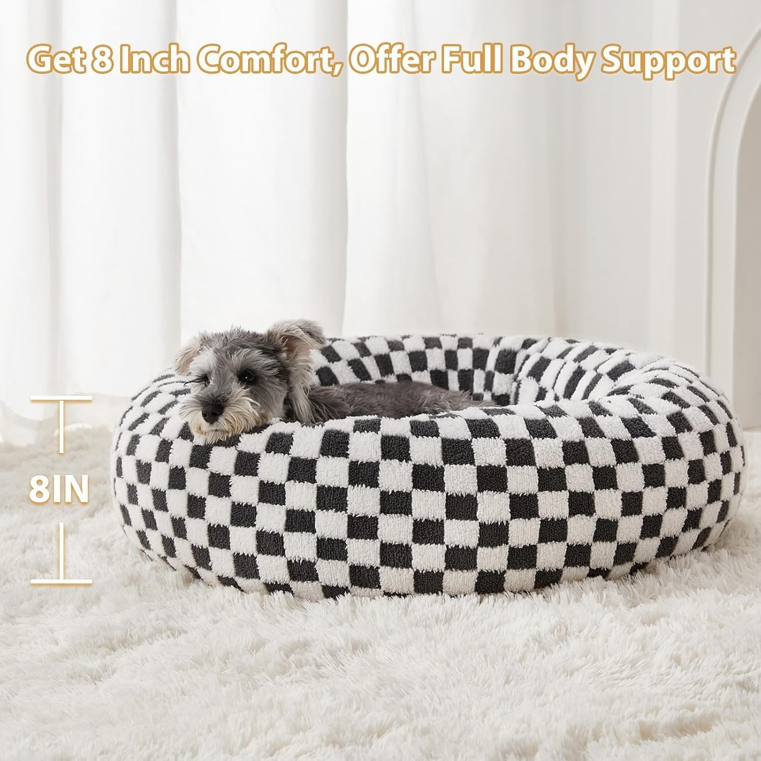 Calming Dog Bed, Dog Beds for Small Dogs, Fluffy Donut Dog and Cat Bed Washable, Cute Pet Beds for Indoor with Jacquard Shaggy Plush, round anti Anxiety Small Dog Bed with Non Slip Bottom (Khaki)