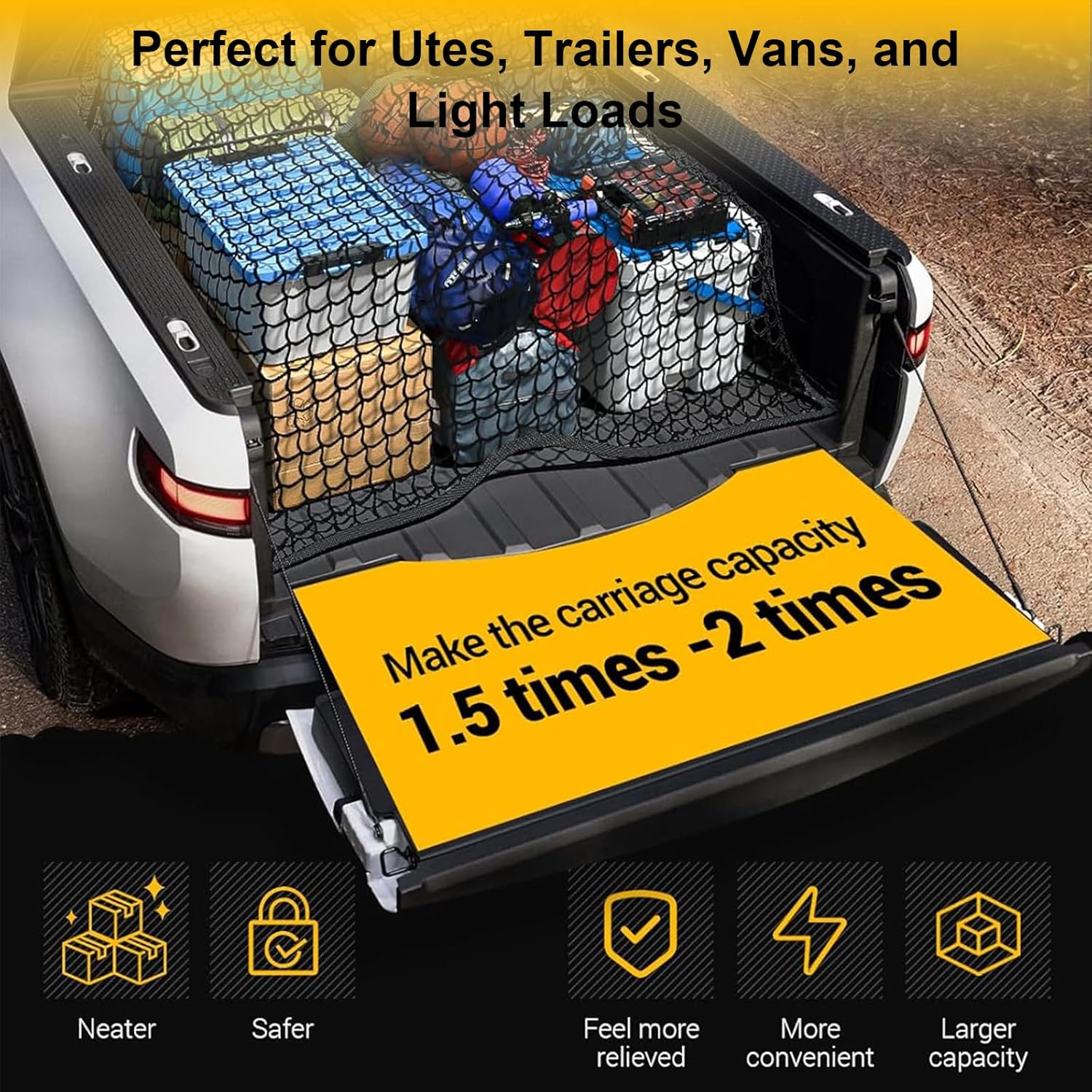 Heavy Duty Truck Bed Cargo Net 4'X4' Expandable to 8'X8', Elastic Bungee Net for Ute, Pickup & SUV, Durable Storage Net for Trailer & Car Boot, Easy Fit for Work, Travel & Outdoor Use