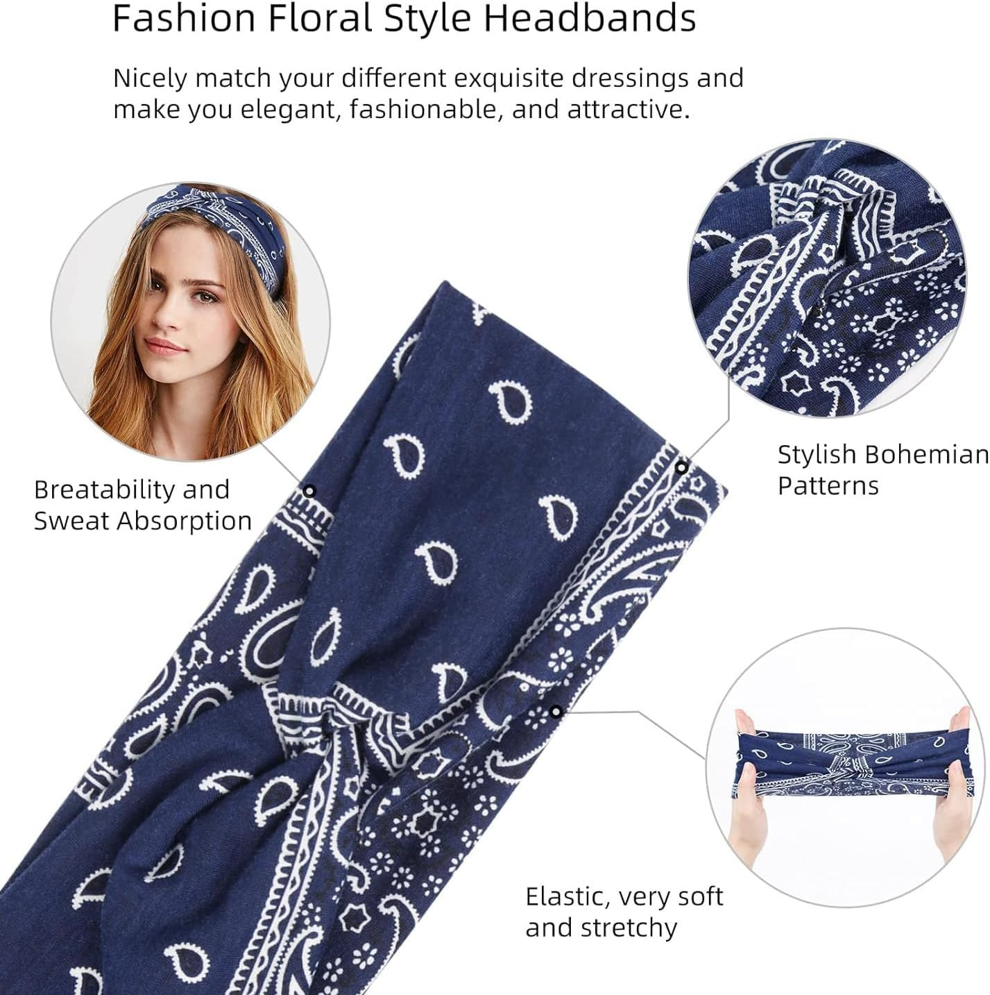 Smaoqingji Women'S Soft Headband - Pack of 6, Boho Headbands Print Hair Accessories, Suitable for Yoga, Running, Fitness, Travel, Training, Work, Reading, Daily Life and Other Occasions image number 5