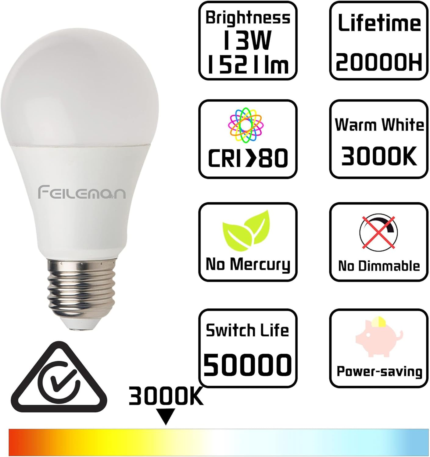 FEILEMAN E27 LED Light Bulb Edison Screw, 13W 1521Lm (100W Replace) Bright Warm White 3000K A60 LED Bulb, Not Dimmable Classic a Light Bulb, Pack of 6 image number 3