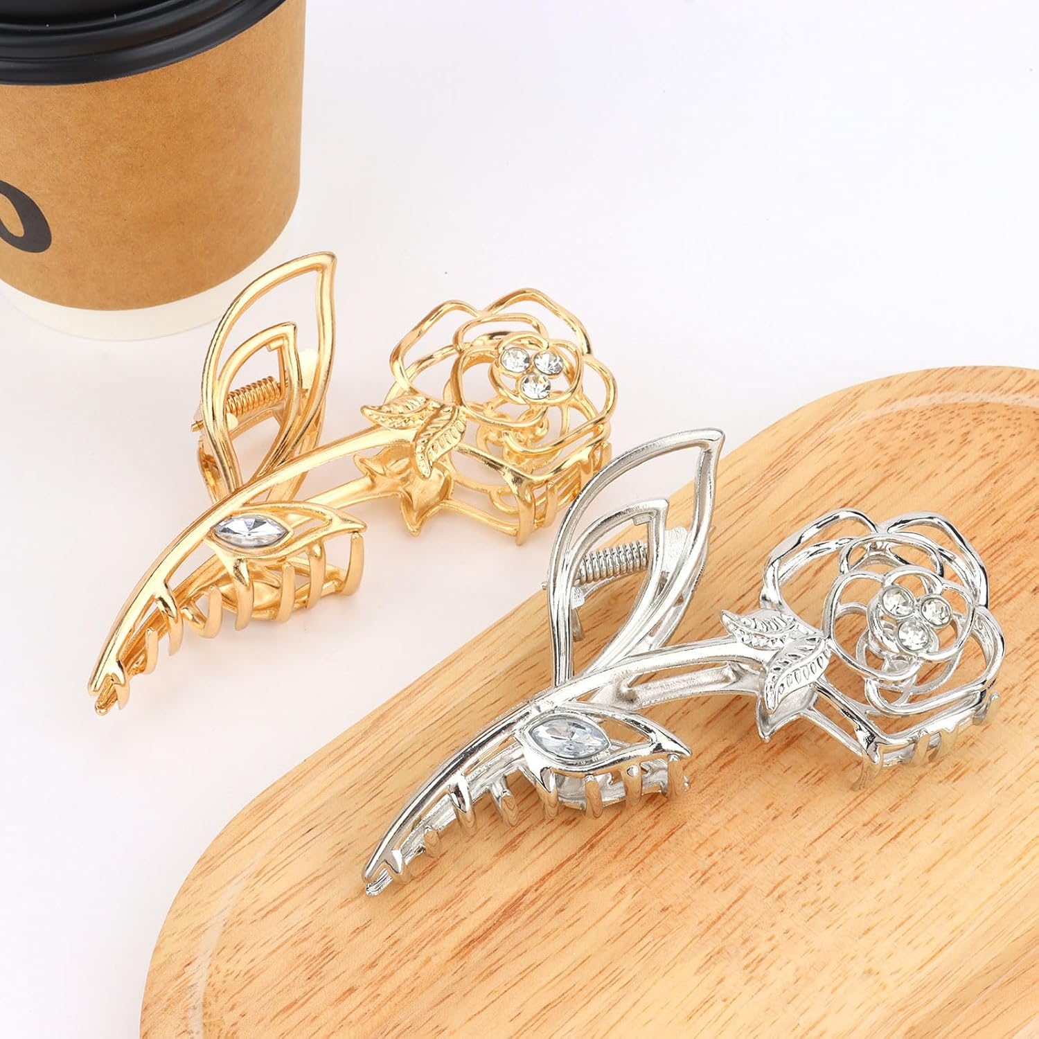 Exipsat Pack of 2 Metal Rose Hair Clips, Large, Gold and Silver, Women'S Elegant Hair Clip for Hairstyles