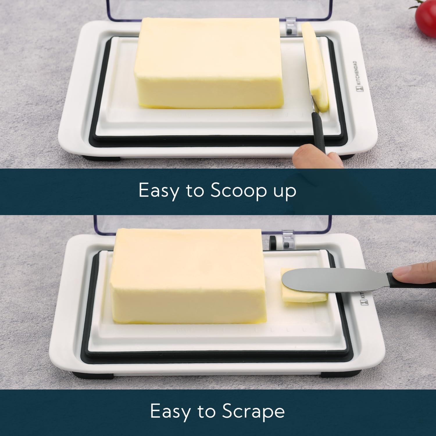 KITCHENDAO Airtight Flip-Top Butter Dish with Lid and Knife Spreader for Countertop and Refrigerator,Plastic Butter Holder Tray for 2 Sticks East Coast/West Coast/European Style/Kerrygold Butter image number 4