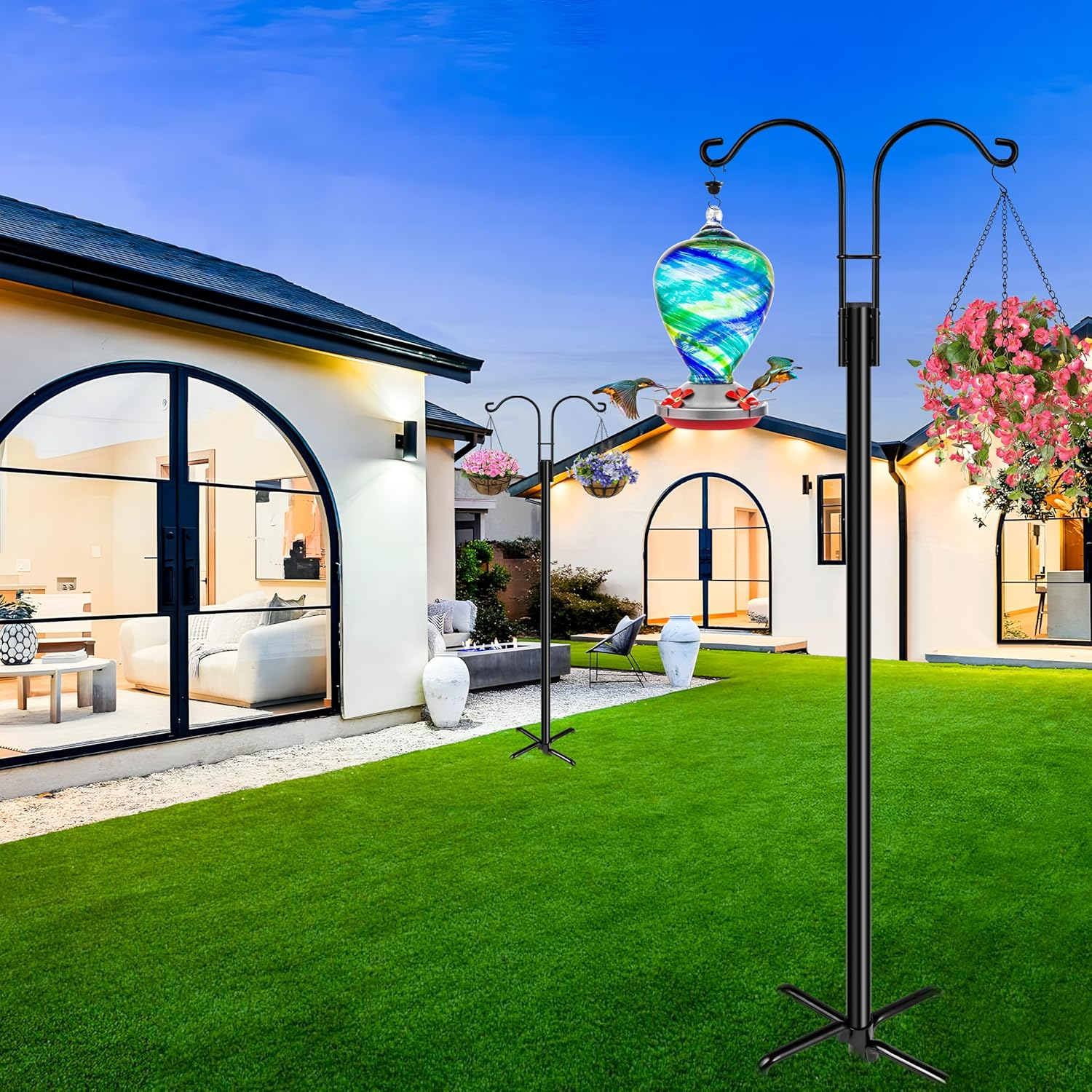 Double Shepherds Hooks for Outdoor, 2-Pack Heavy Duty Two Sided Garden Pole for Hanging Bird Feeder, Plant Baskets, Solar Light Lanterns, Garden Plant Hanger Stands with 5 Base Prongs(92 Inch) image number 5