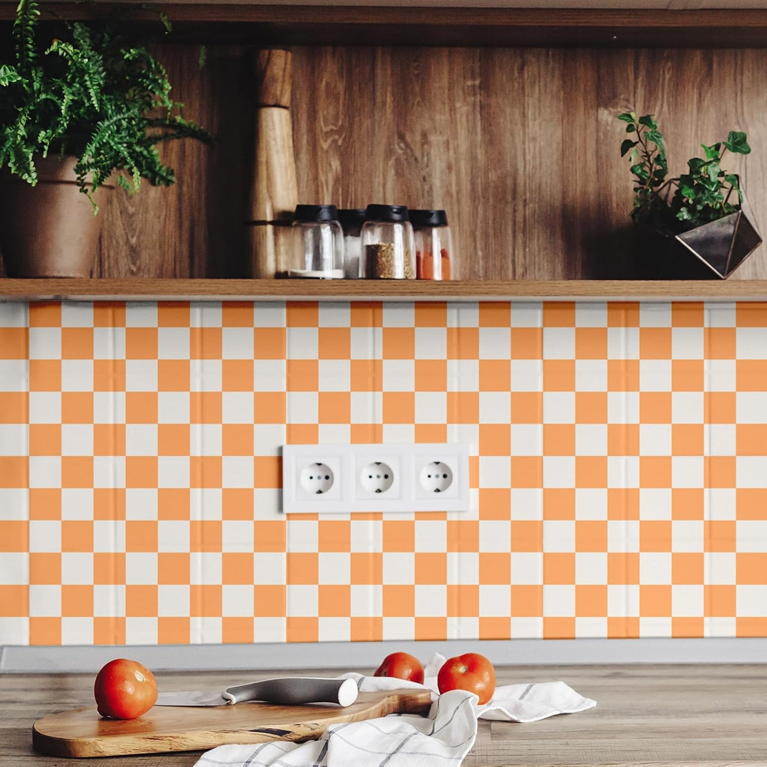 Retro Checkered Peel and Stick Wallpaper 70S Funky Checkered Contact Paper Geometric Waterproof Wallpaper Neutral Checkerboard Decor for Bathroom Cabinet(Orange,16.4' X 15.75'') image number 2