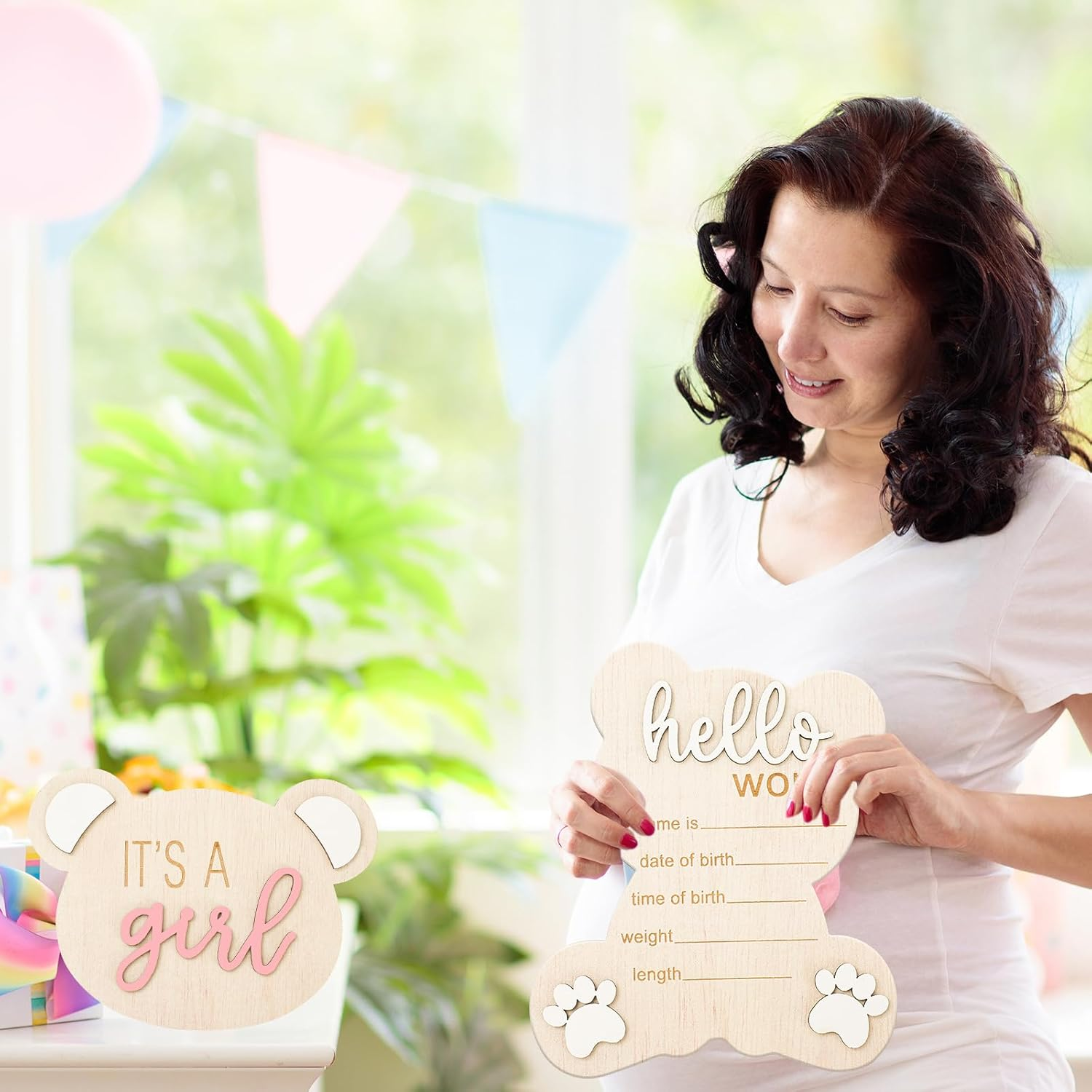 FYSUIMU 3Pcs Gender Reveal Sign for Baby Birth It' S a Boy Girl Bear Shaped Announcement Signs Wooden Hello World Newborn Welcome Sign for Baby Shower Photo Prop Keepsake image number 1
