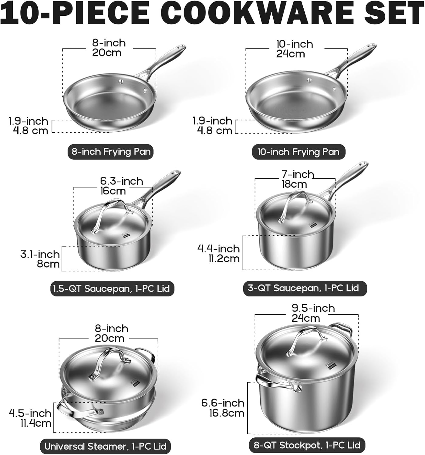 Cooks Standard 10-Piece Multi-Ply Clad Stainless Steel Cookware Set Silver 14.0X21.0X12.5 Inches image number 3