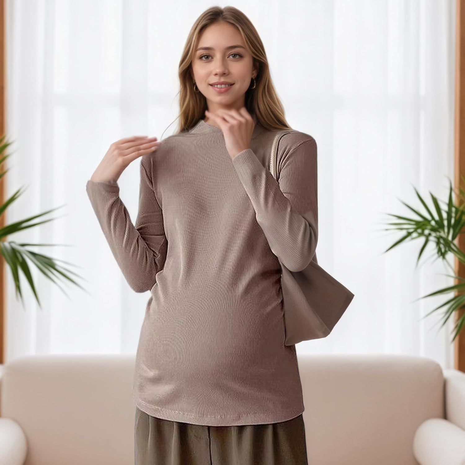 Maternity Long Sleeve T-Shirt &ndash; Soft Stretch Mock Neck Base Layer Top for Fall Winter, Thermal Lightweight Undershirt image number 2