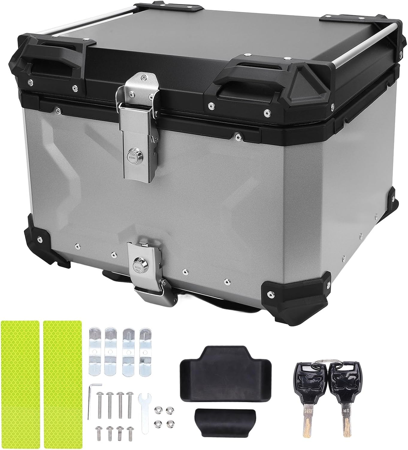 55L Motorcycle Top Case Tail Box, Water Proof Aluminum Alloy Quick Release Motorcycle Scooter Universal Storage Trunk with Safety Lock Reflective Sticker for Helmet Luggage (Silver)