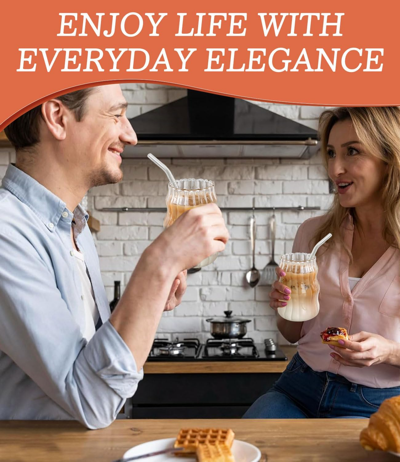 Shanghigh Drinking Glasses with Glass Straw - 7Pcs Cup Set with 16Oz Glass Cup, Staws, Cleaning Brushes and Bamboo Lids, Bubble Cup Glassware with Wave Shape for Drinks, Iced Coffee, Matcha, Tea image number 3