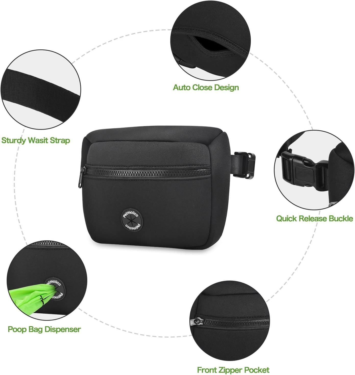 Petmolico Neoprene Dog Treat Pouch, Auto Closed Dog Training Pouch Fanny Pack Wasit Bag with Dog Poop Bag Dispenser for Hands-Free Dog Walking, Black image number 3