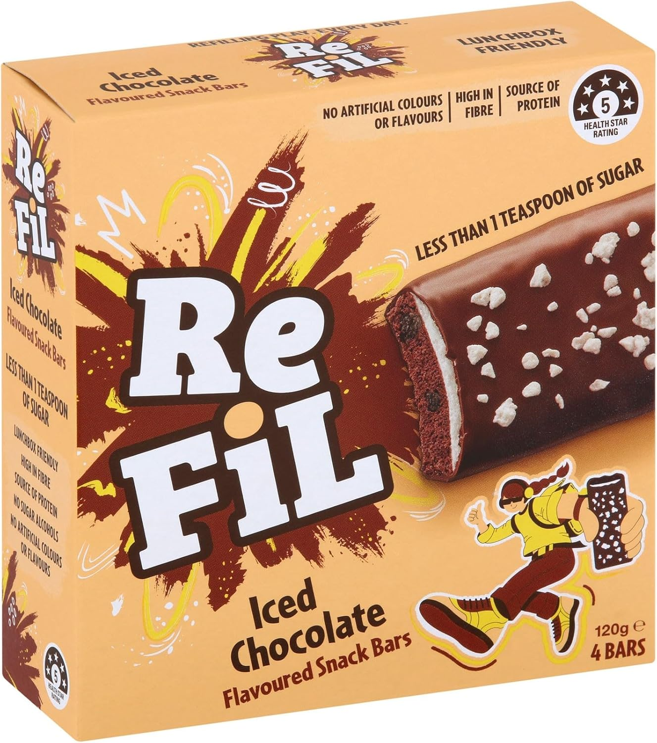Refil Iced Chocolate Snack Bars, High Fibre, Protein, Less than 1 Teaspoon Sugar, 4Pk, 120G
