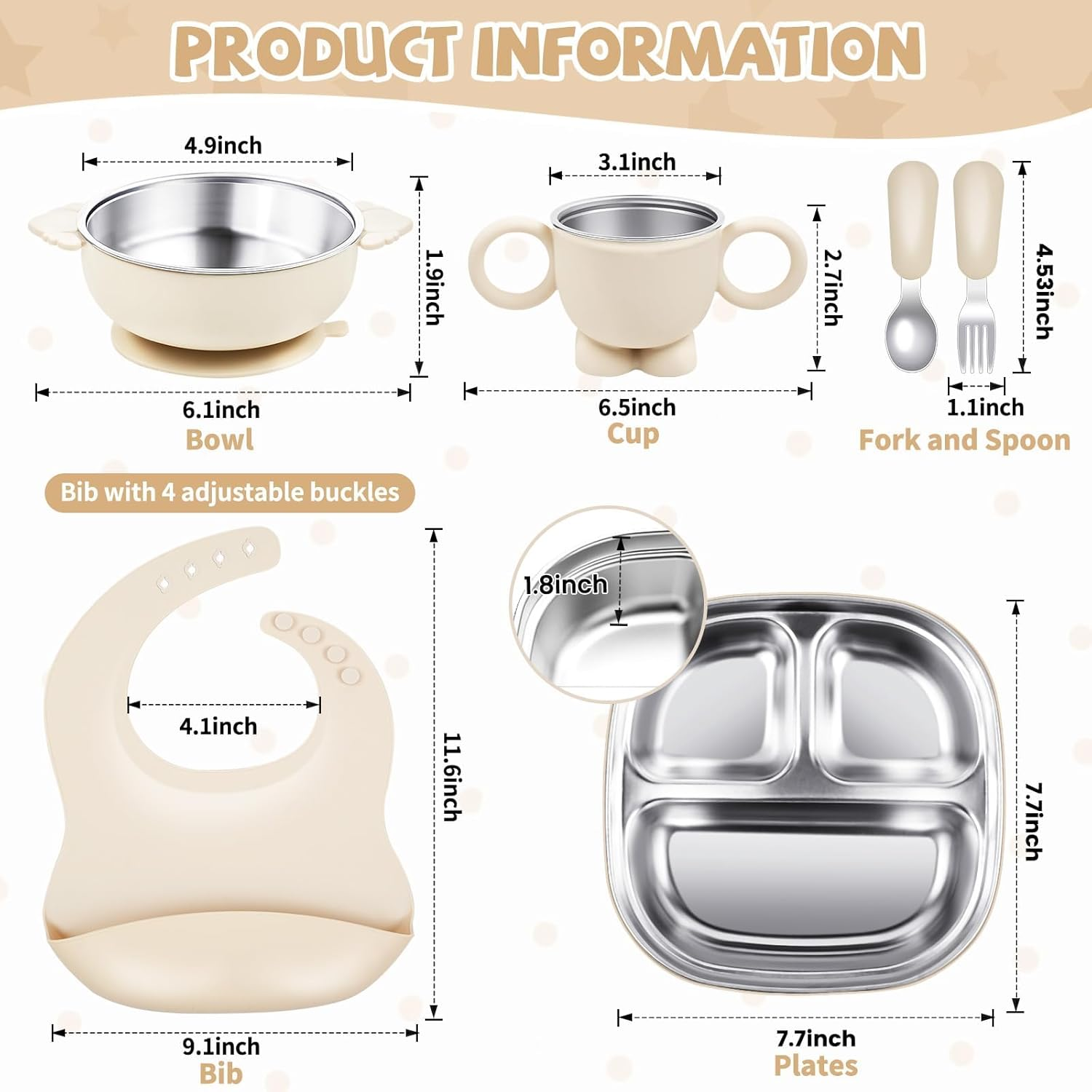 Baby Toddler Tableware Set, 6 PCS Stainless Steel Silicone Utensils, Durable & Spill-Proof, Baby Feeding Set Plates & Bowls, Cup, Forks Spoons & Silicone Bib, Bpa-Free, Dishwasher Safe image number 4