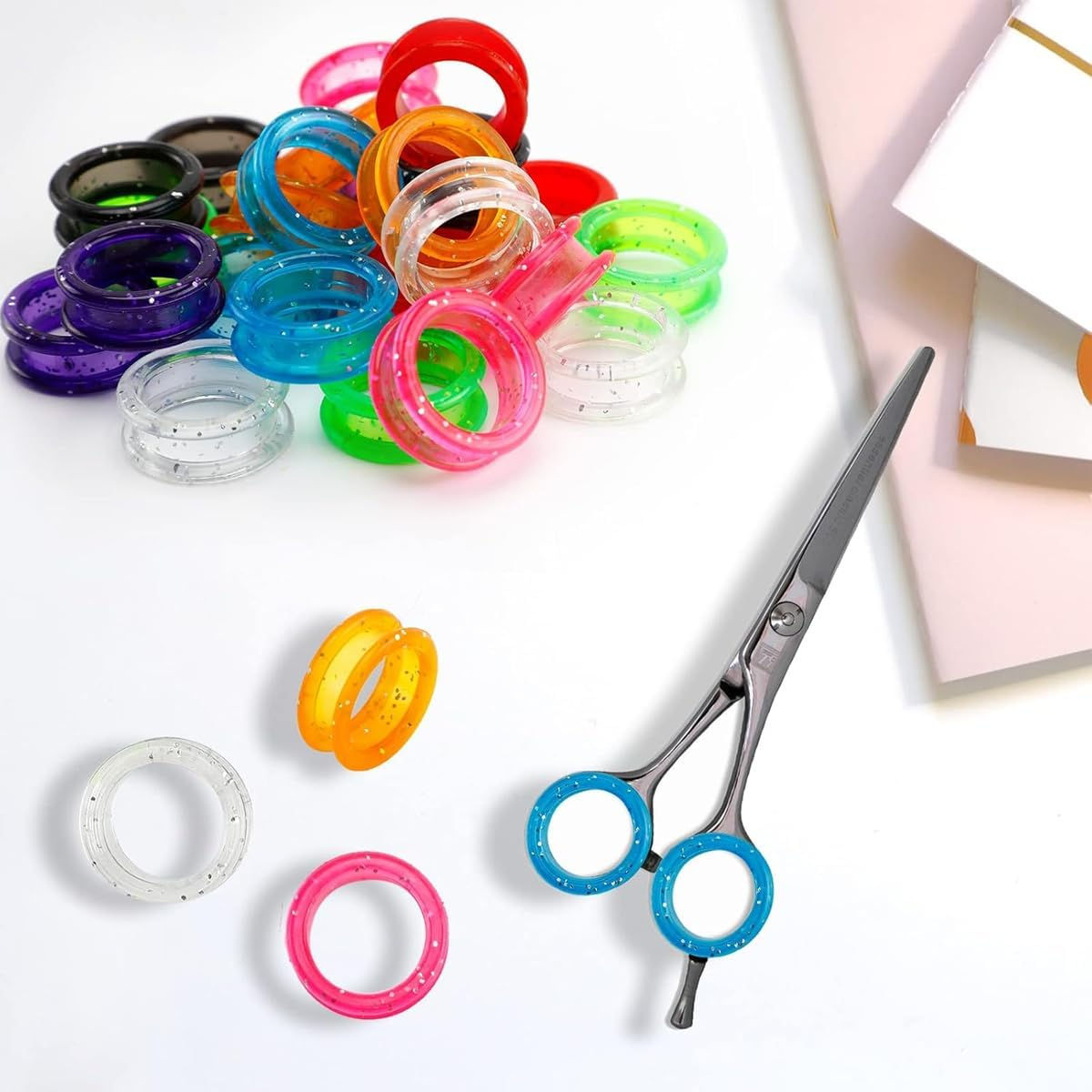 16PCS Silicone Scissors Ring Cover, Anti-Slip Finger Protection for Beauty and Pet Grooming Shears, Colourful and Shiny Non-Slip Finger Rings for Comfortable Grip, 8 Colours Included