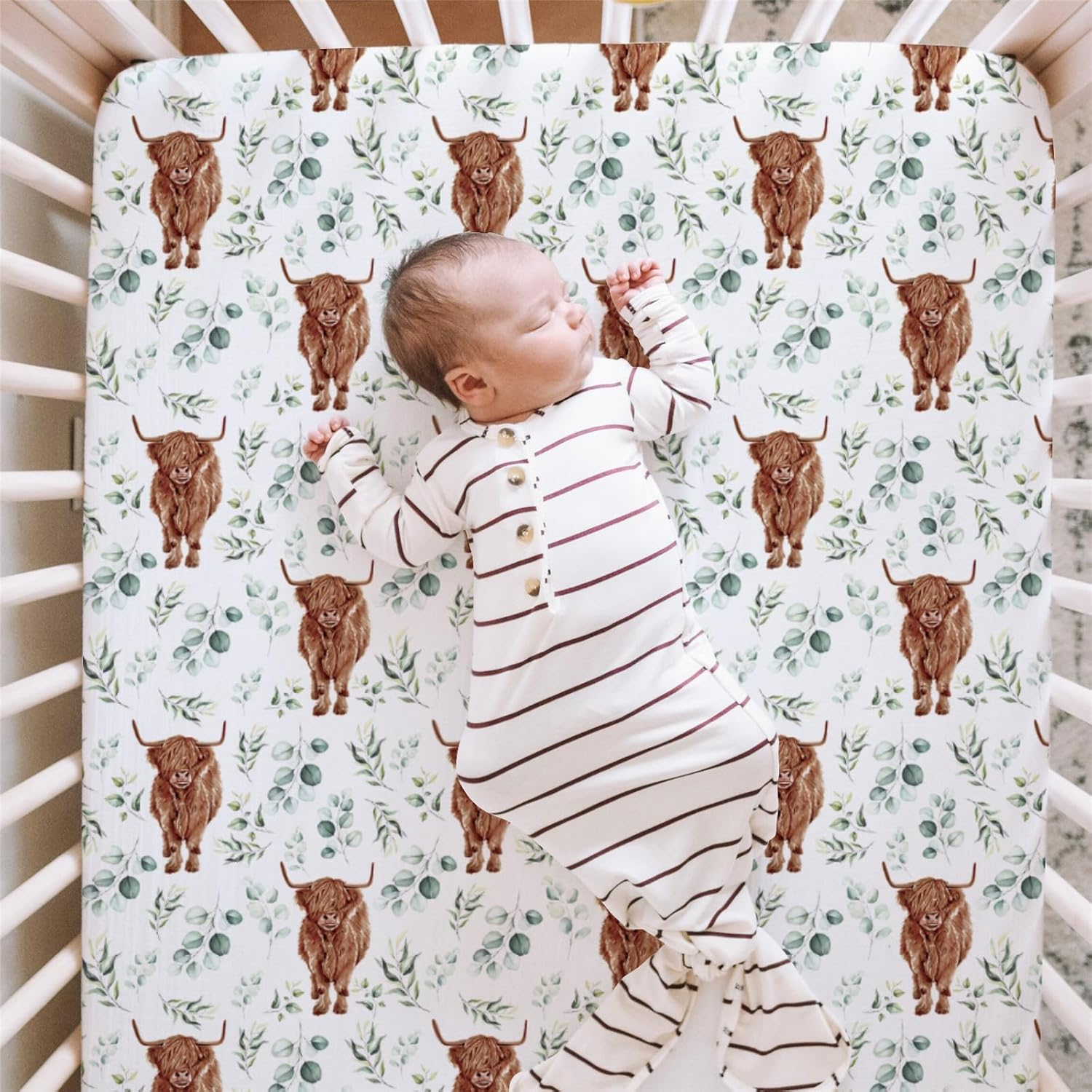 Hawskgfub Highland Cow Eucalyptus Leaf Fitted Standard Crib Sheet for Baby Boy Girl, Neutral Western Farm Animal Yak Toddler Mattress Cover, Soft Stretchy Nursery Bed Sheets Decor Kids Gift 52" X 28" - Duck image number 6