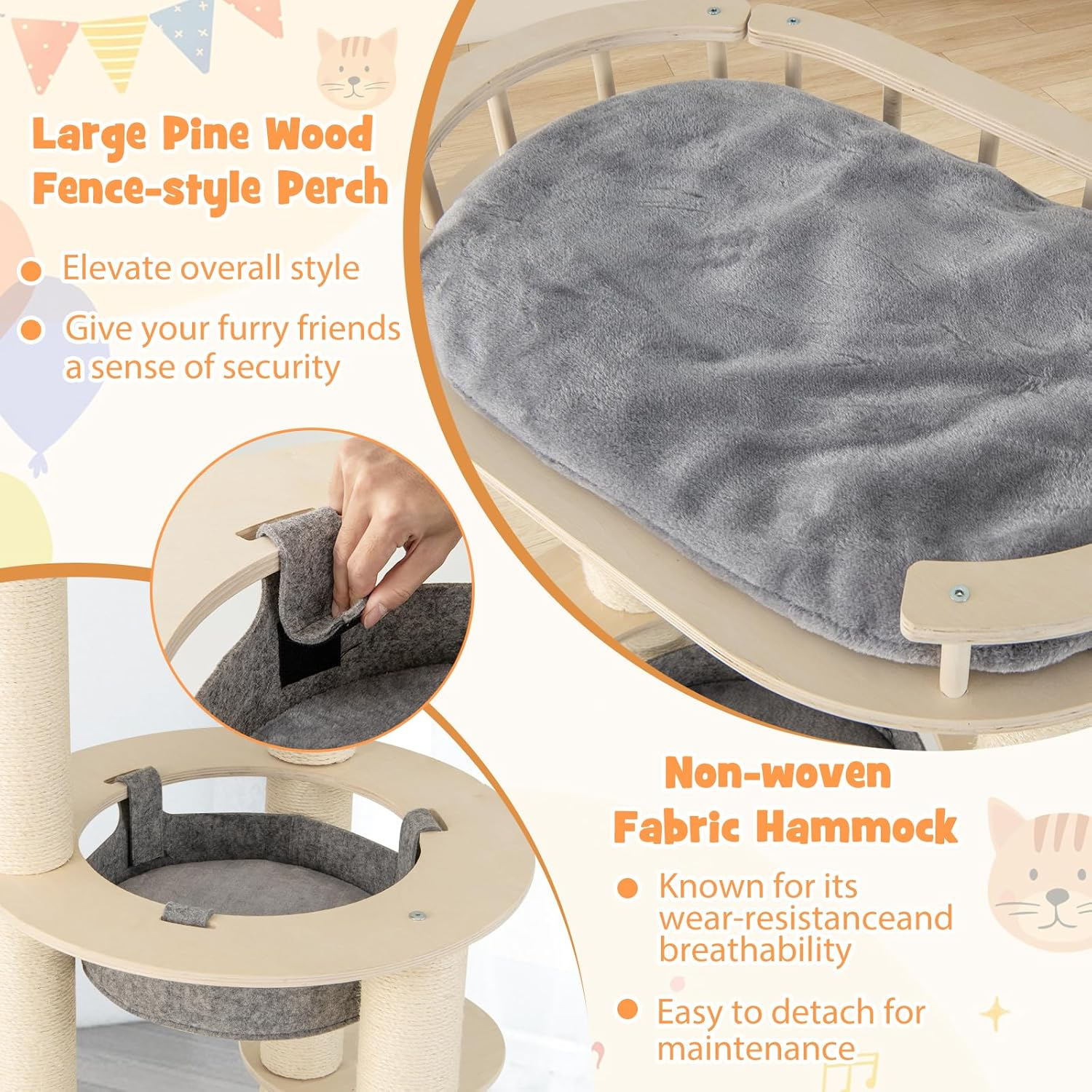 Costway 5-Level Wooden Cat Tree, Modern Cat Tower W/Padded Perch, Non-Woven Hammock, Fully Wrapped Sisal Scratching Posts, 3 Platforms, All-In-One Kitten Activity Center for Indoor Kittens image number 6