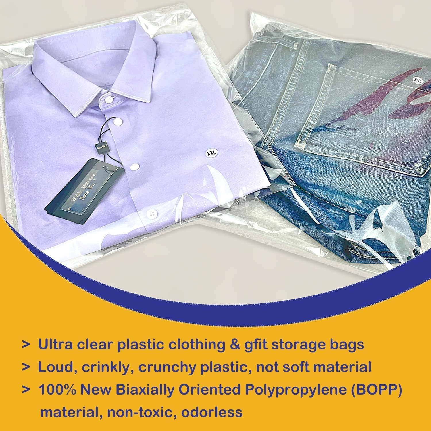 100PCS Thick Clear Plastic Cellophane T-Shirt Packaging Bags with Clothing Size Stickers, Tee Shirt Packing Wrapping Clothes Bags, Resealable Self Seal Adhesive Apparel Bags (10.6X 14.5 Inch)