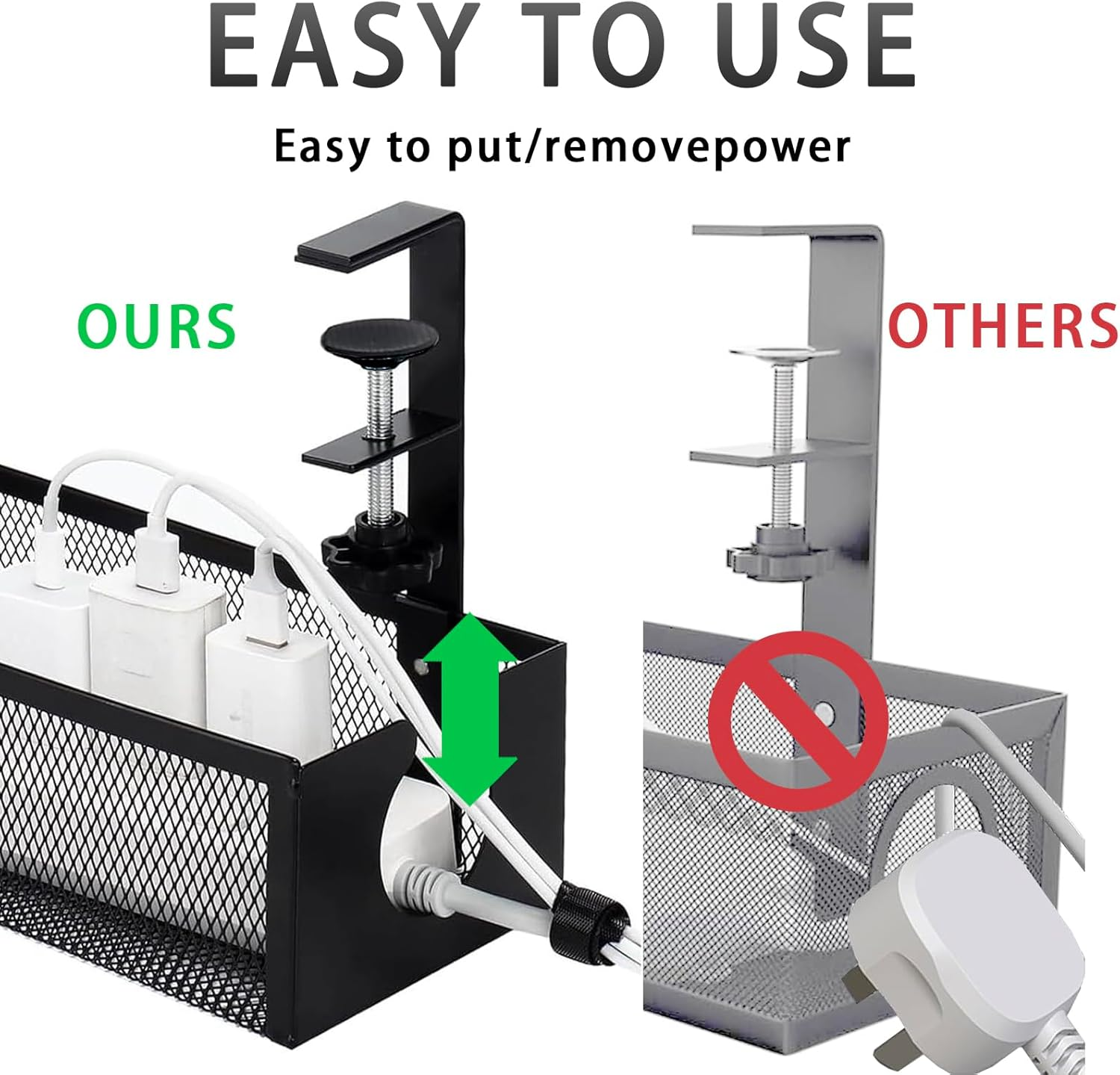 Under Desk Cable Management Tray - Easy Clamp Mount, No Drill Steel Organizer - Neat and Tidy Wire Storage for Home, Office, and Standing Desks (Black) image number 4