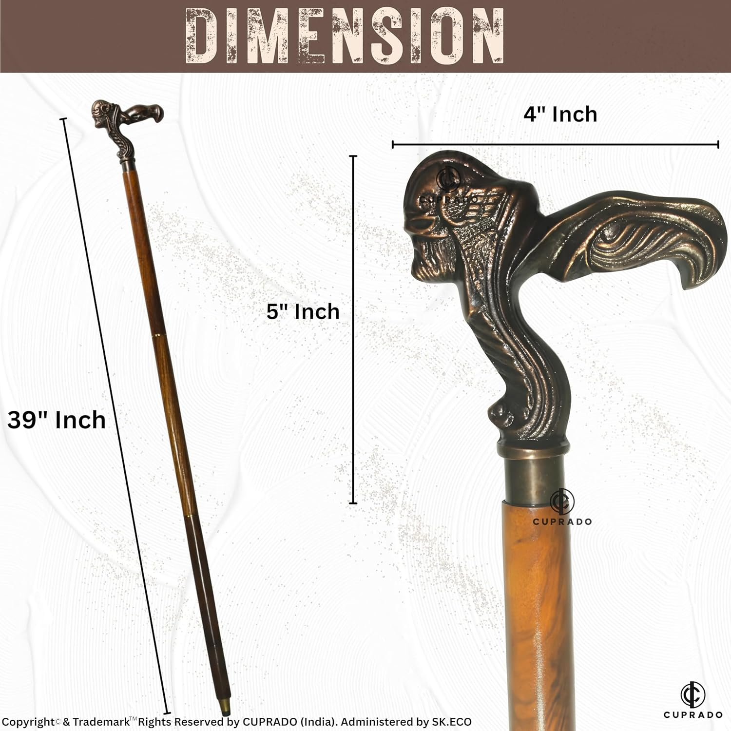 Vintage Wooden Walking Cane with Brass Skull Handle | 39&rdquo; Antique Style Designer Walking Stick for Men & Women | Collectible & Decorative Cane Gift image number 3