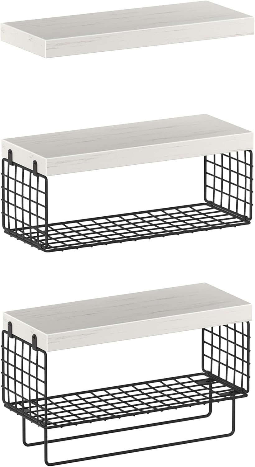 Floating Wall Shelves, Bathroom over Toilet, 40 Cm Set of 3, Wall Mounted Floating Shelves Toilet Paper Storage Small Farmhouse Decor(White 2 Baskets Storage) - Black image number 2