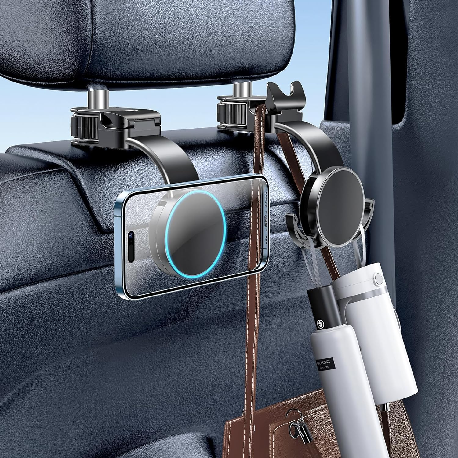 2 in 1 Car Headrest Phone Holder & Hidden Hook, [Strong Magnetic & Soft Aluminum Arm] Car Seat Phone Holder for Iphone, 3 Orgnaizer Car Headrest Hook for Purse Bag Key Umbralle Headphones