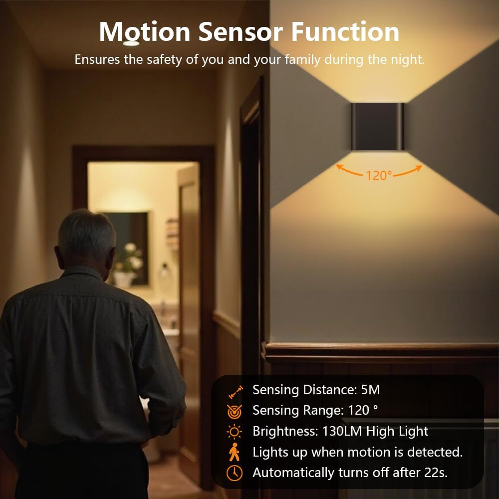 Ainostone Battery Wall Lights with Motion Sensor, Pack of 2, LED Wall Lights with Motion Sensor, Warm White, 2 Modes, USB-C Rechargeable, Adjustable Light Angle for Indoor, Hallway, Stairs, Bedroom