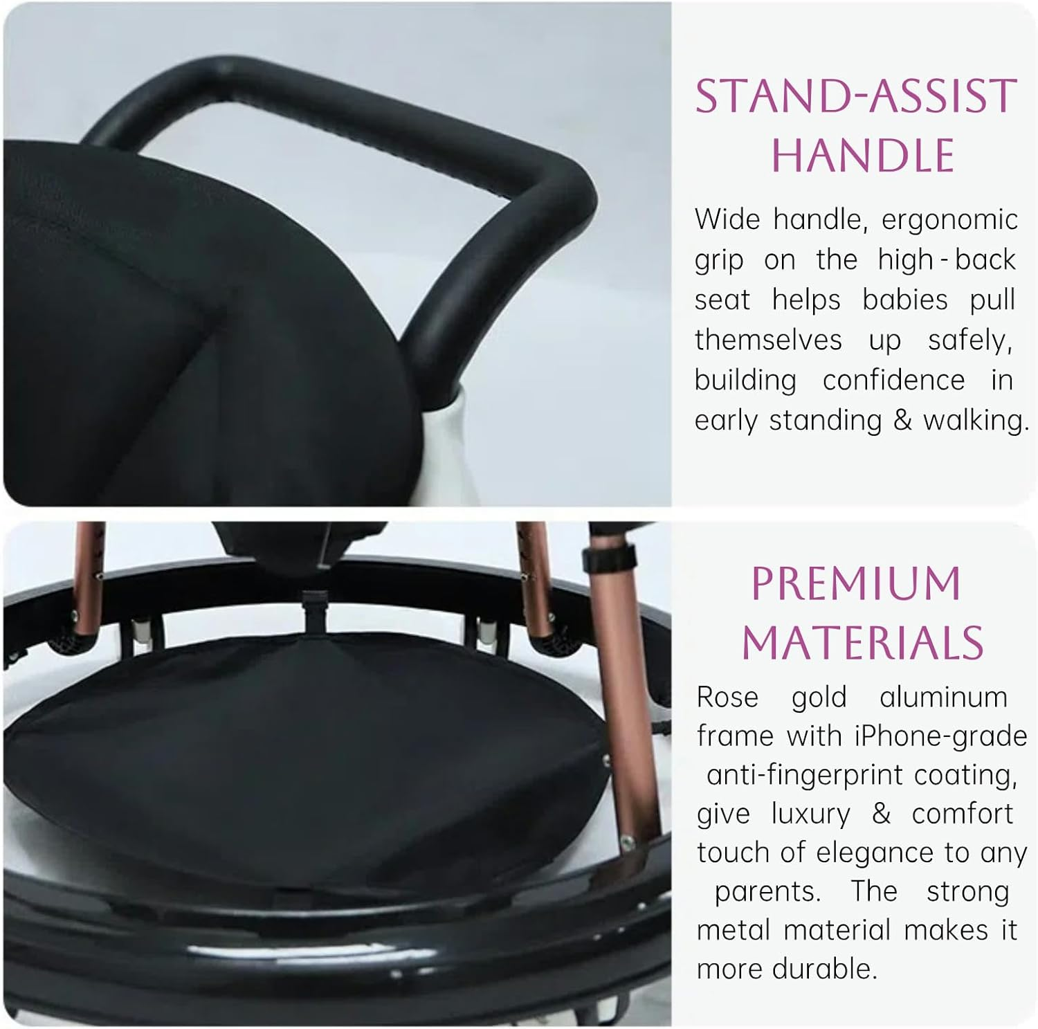 Baby Walker 6-12 Months, 10-Level Adjustable Height Foldable Baby Jumper & Mobile Baby Walker with 360&deg; Wheels, Rosegold Aluminum Frame & Wide Stable Base for Infants 6-18 Months image number 2