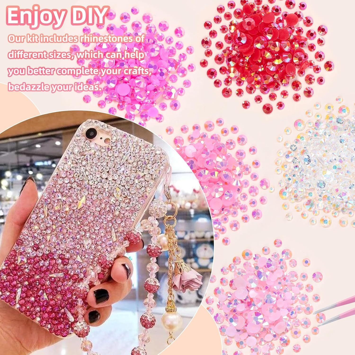 12000 Pcs Resin Jelly Rhinestones for Crafting, Multi Sizes Flatback Pink Color Gems, Bedazzling Crystal with Pickup Tool for DIY Crafts Clothing Shoes Fabric Nail Art image number 1