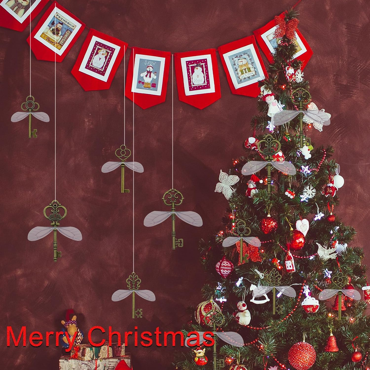 Aokbean 50 PCS Vintage Skeleton Keys Flying Keys with Dragonfly Wings and Clear Fishing Line for DIY Craft Jewelry Making Necklace Bracelet Charms Crafts Party Favor Home Decoration image number 1