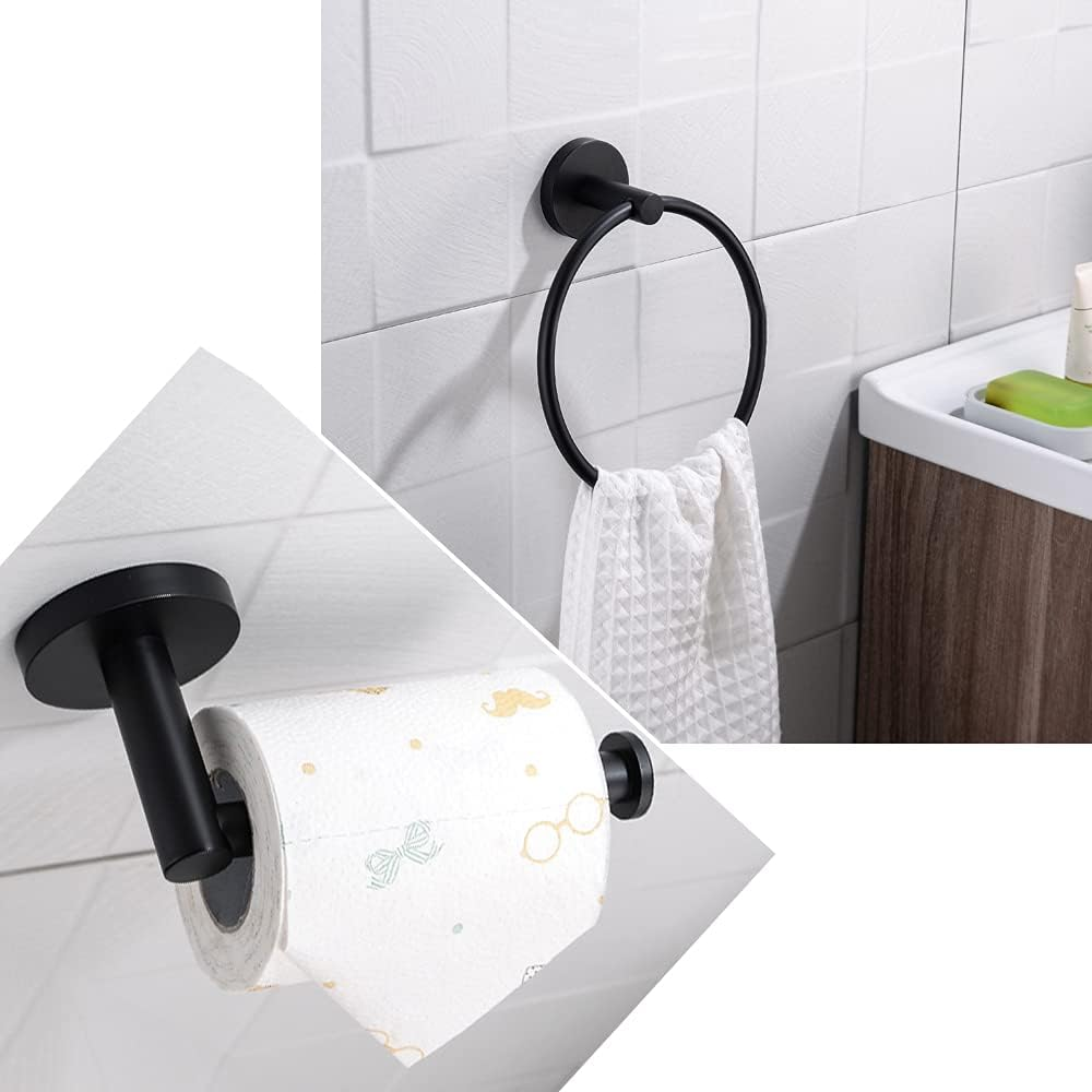 2Pcs Matte Black Toilet Paper Holder and Towel Ring Set, Stainless Steel Hand Towel Holder and Towel Hanger with Hardware Pack - 2Pcs Matte Black image number 4
