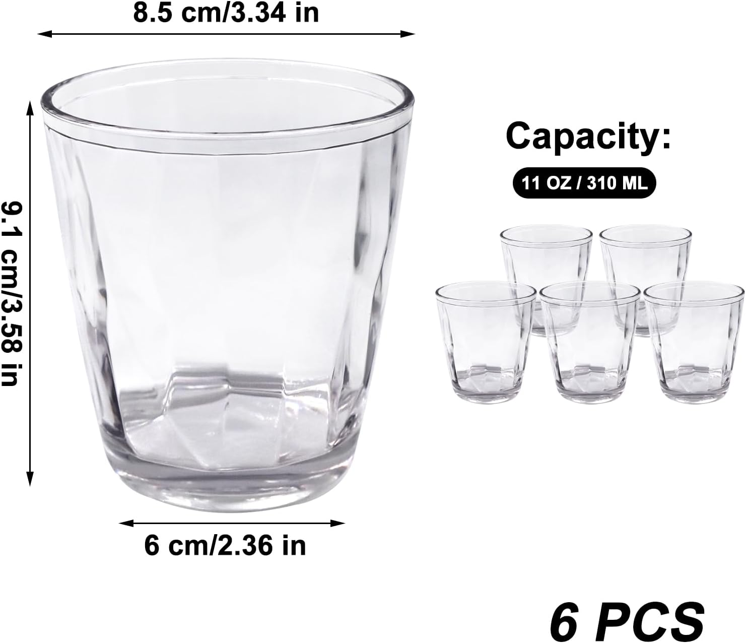 YINPIXUS Plastic Drinking Glasses Set of 6, Acrylic Drinking Cups, Clear Tumbler Unbreakable, Reusable Drinkware for Juice Whiskey Wine Home Picnic Party, 11 Ounce image number 2