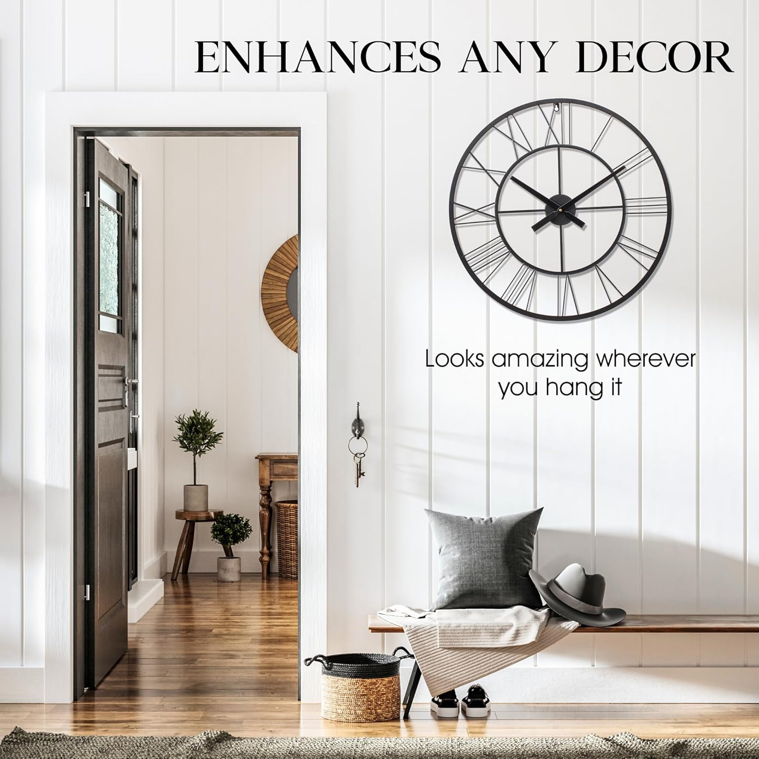 60Cm Roman Numerals Wall Clock &ndash; Silent Non-Ticking Quartz Sweep, Large Metal Decorative Clock for Living Room, Bedroom, Kitchen &ndash; Black Oversized Large Wall Clock 24 Inch image number 1