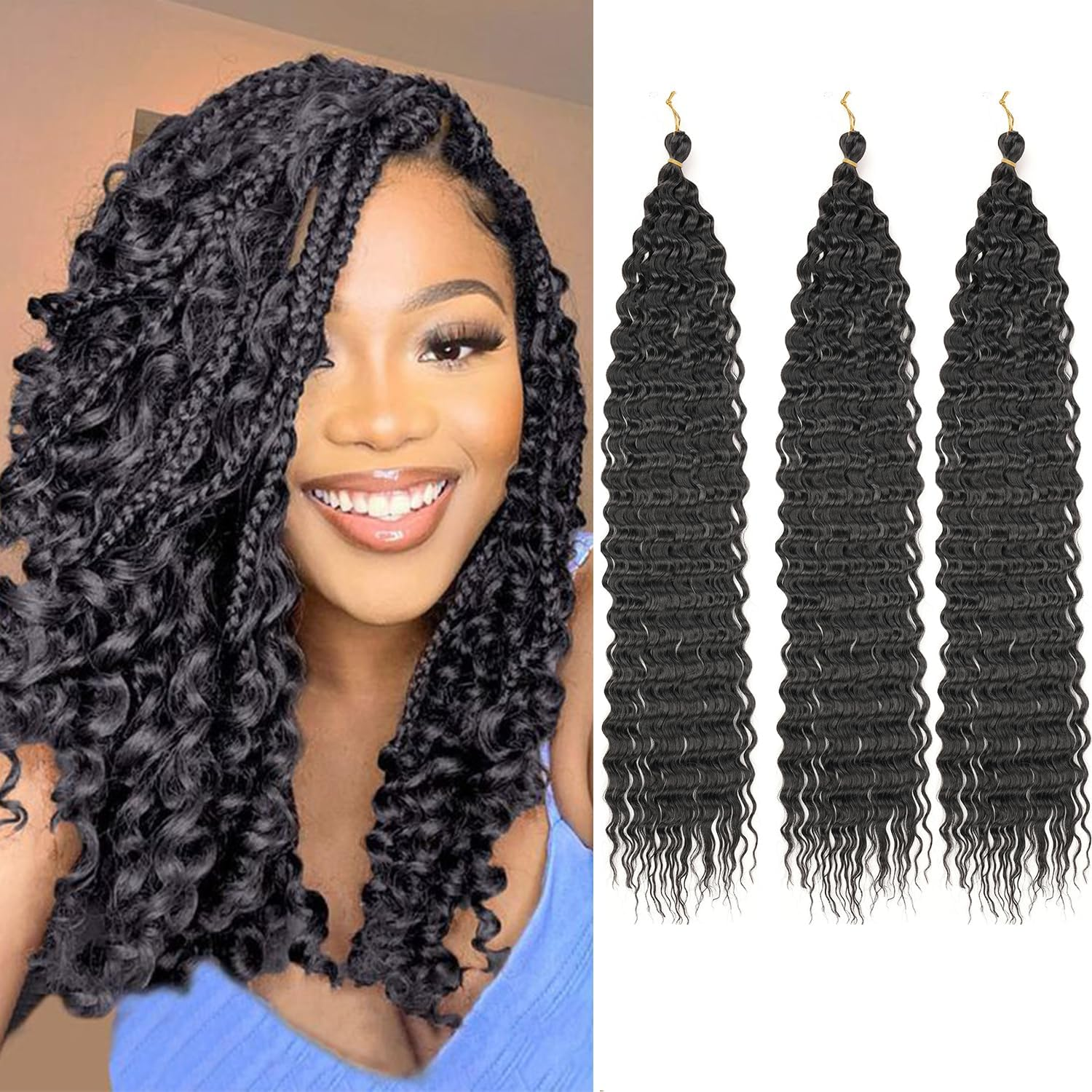 Mscat 24 Inch Ocean Wave 3Pack Crochet Hair Extexsions Long Braids Deep Wave Synthetic Hair Curly Braiding Hair for Black Women 1B#