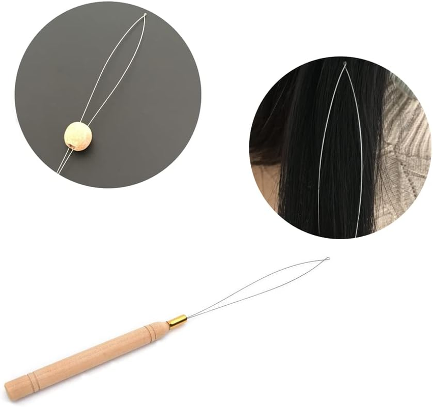 3Pcs Hair Extension Loop Needle Threader Pulling Hook Tool and Bead Device Tool for Hair or Feather Extensions - Wooden and Stainless Steel image number 1