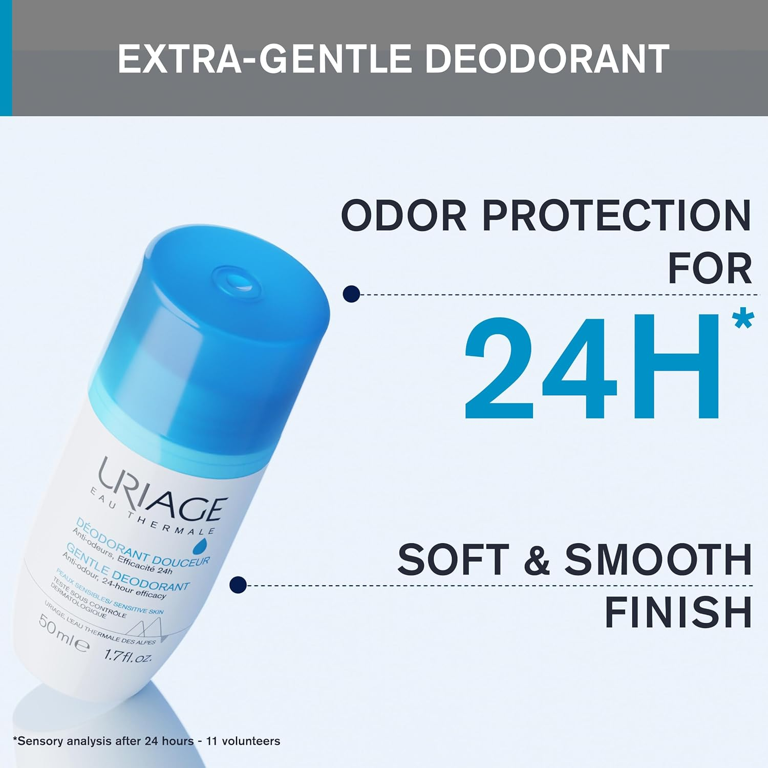 Uriage Gentle Roll-On Deodorant for Sensitive Skin - Odour Protection for 24 Hours - Ultra Fresh Fragrance - Unisex - Wide Roll-On, No White Stains - No Alcohol, No Aluminium Salt - 50 Ml image number 4